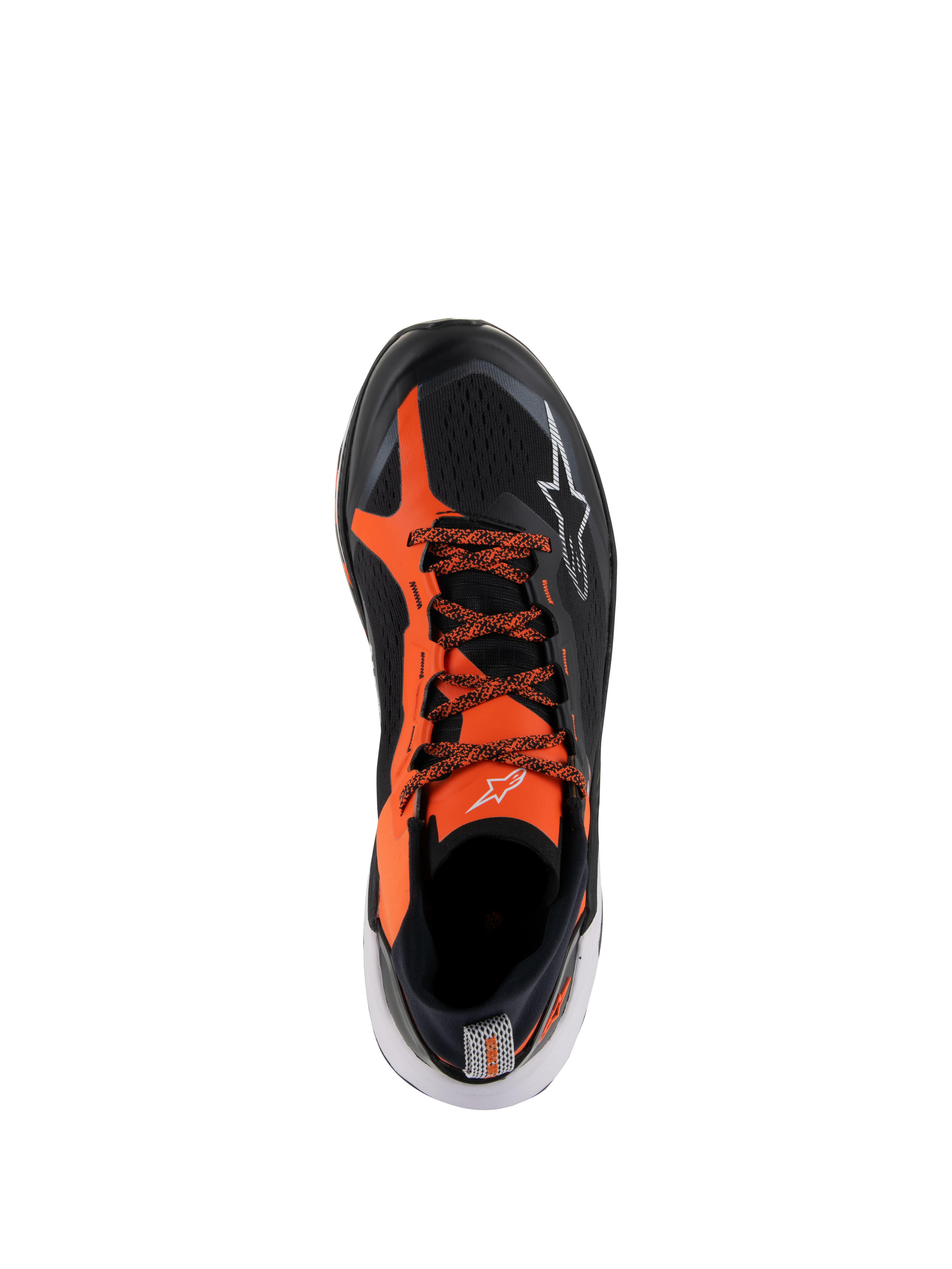 Alpinestars Meta XR V2 Schuhe, sportliche Freizeitschuhe, Schwarz, Orange und Weiß, Draufsicht mit schwarzem technischem Mesh-Obermaterial, leuchtend orangefarbenen Overlays, gemusterten Schnürsenkeln und weißen Logo-Details, entwickelt für ganztägigen Komfort und Stabilität.