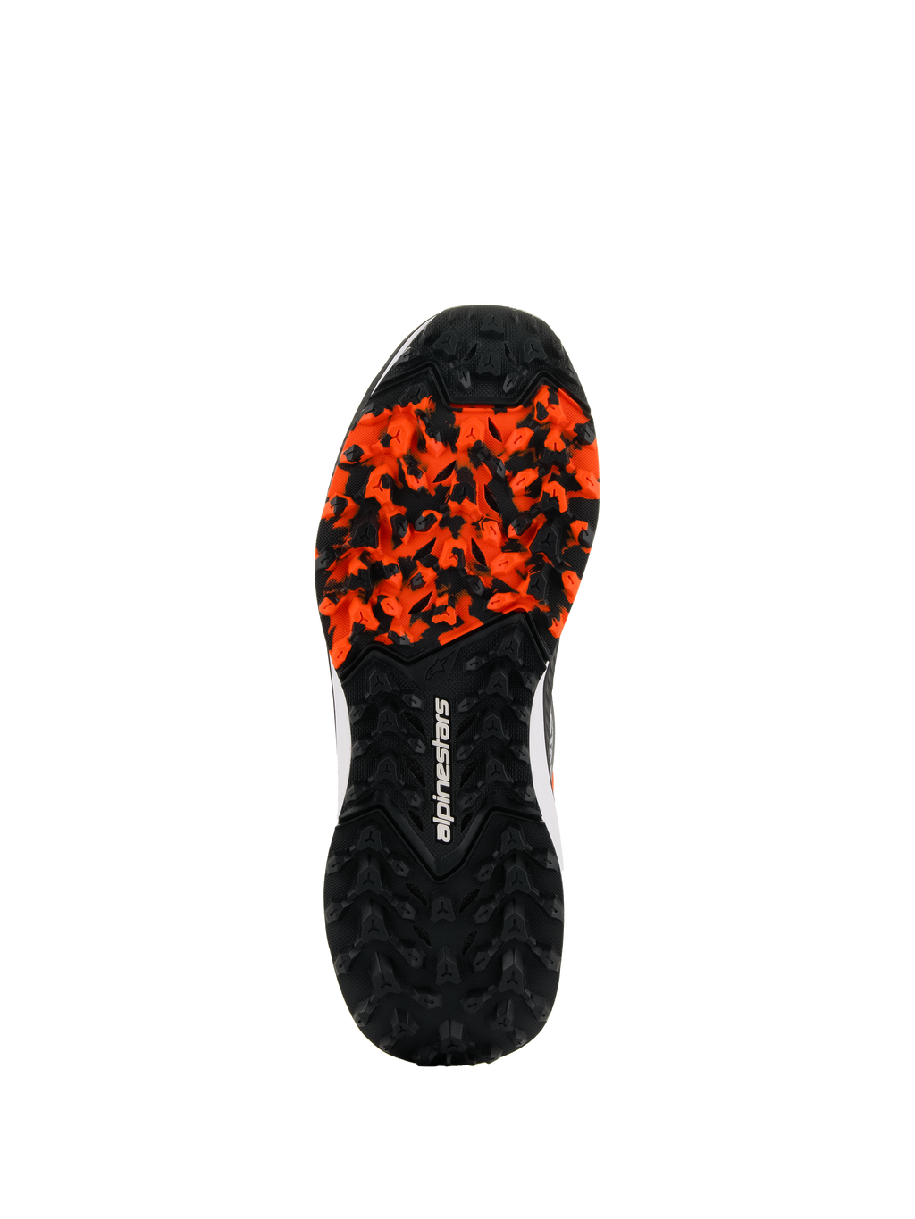 Alpinestars Meta XR V2 Schuhe, robuste Gummiaußensohle, Schwarz und Orange, mit griffigem Stollenprofil für schmutzige Untergründe, weißes Alpinestars-Logo, ölbeständig und anatomisch optimiert für Offroad-Grip