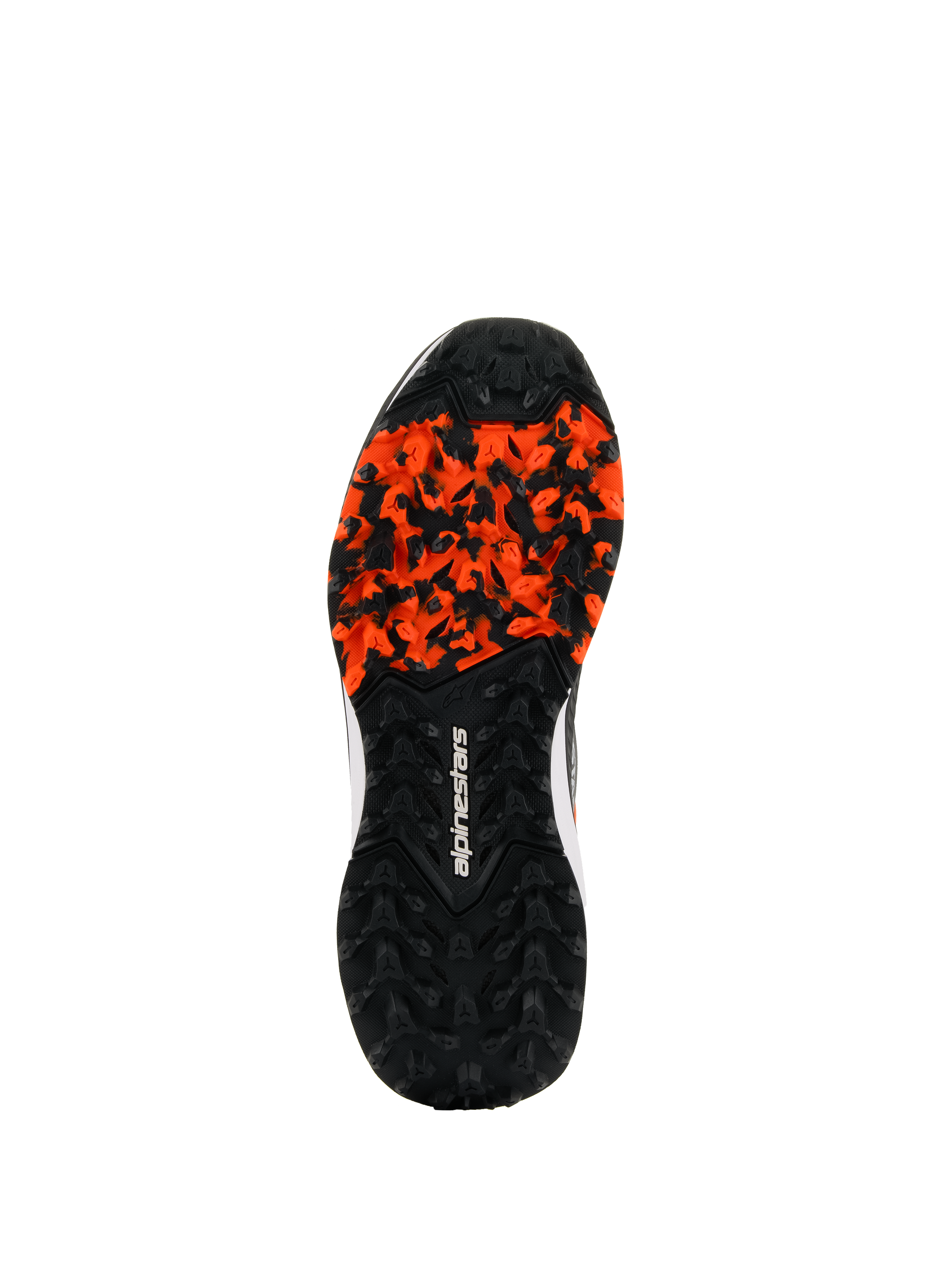 Alpinestars Meta XR V2 Schuhe, robuste Gummiaußensohle, Schwarz und Orange, mit griffigem Stollenprofil für schmutzige Untergründe, weißes Alpinestars-Logo, ölbeständig und anatomisch optimiert für Offroad-Grip
