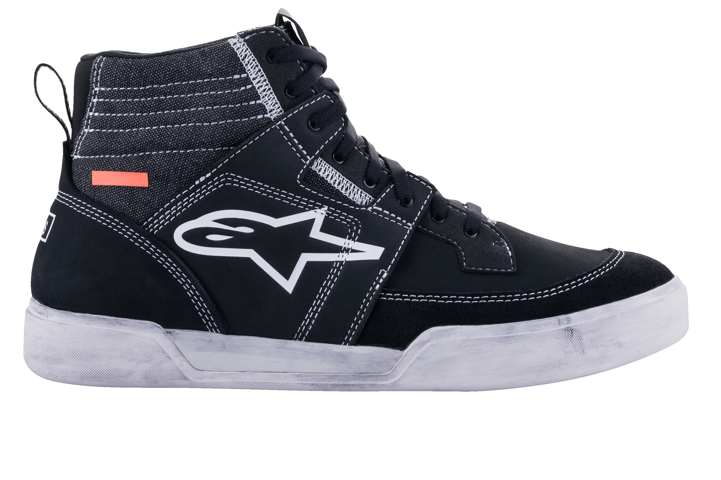Alpinestars Ageless Riding Shoes, Urban Motorcycle Shoes, Black and White, high-top sneaker silhouette with suede and canvas panels, white contrast stitching, white A-star logo on the side, and a white rubber sole