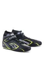 Alpinestars Tech-1 T V3 Shoes FIA, Auto Racing Shoes, Black Cool Gray and Yellow Fluo, full leather construction with hook and loop strap, yellow fluo accents, prominent white branding including Alpinestars and ASTARS logos, professional motorsport design