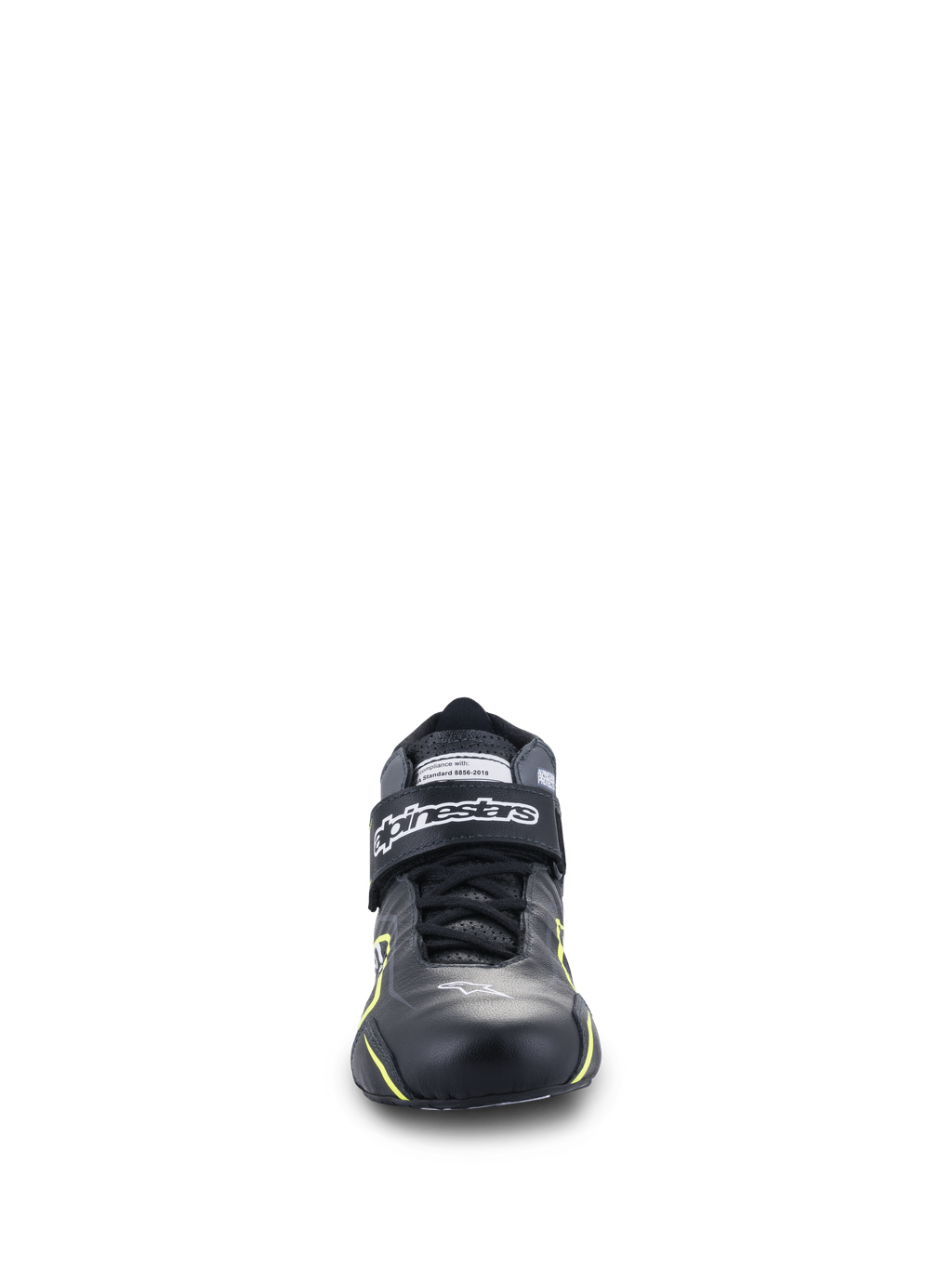 Alpinestars Tech-1 T V3 Shoes FIA, Auto Racing Shoes, Black with Yellow Fluo accents, front-facing view, full leather construction with hook-and-loop ankle strap, white Alpinestars logo, technical design for high-performance driving