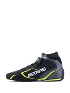 Alpinestars Tech-1 T V3 Shoes FIA, Auto Racing Shoes, Black Cool Gray and Yellow Fluo, side profile view showing leather construction, white ASTARS branding, elastic fireproof collar, and vibrant yellow accents.