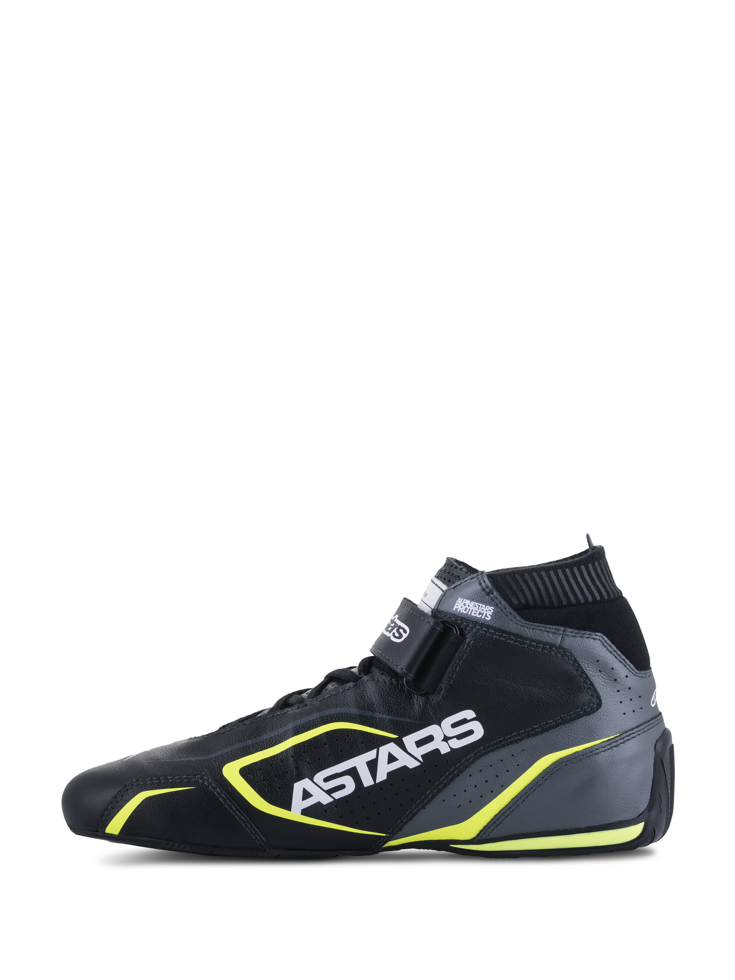 Alpinestars Tech-1 T V3 Shoes FIA, Auto Racing Shoes, Black Cool Gray and Yellow Fluo, side profile view showing leather construction, white ASTARS branding, elastic fireproof collar, and vibrant yellow accents.