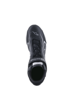 Alpinestars Tech-1 T V3 Shoes FIA, Auto Racing Shoes, Black and Silver, top-down view showing the lacing system and branded hook and loop strap, full-grain bovine leather with white star logo on the toe, professional motorsport footwear.