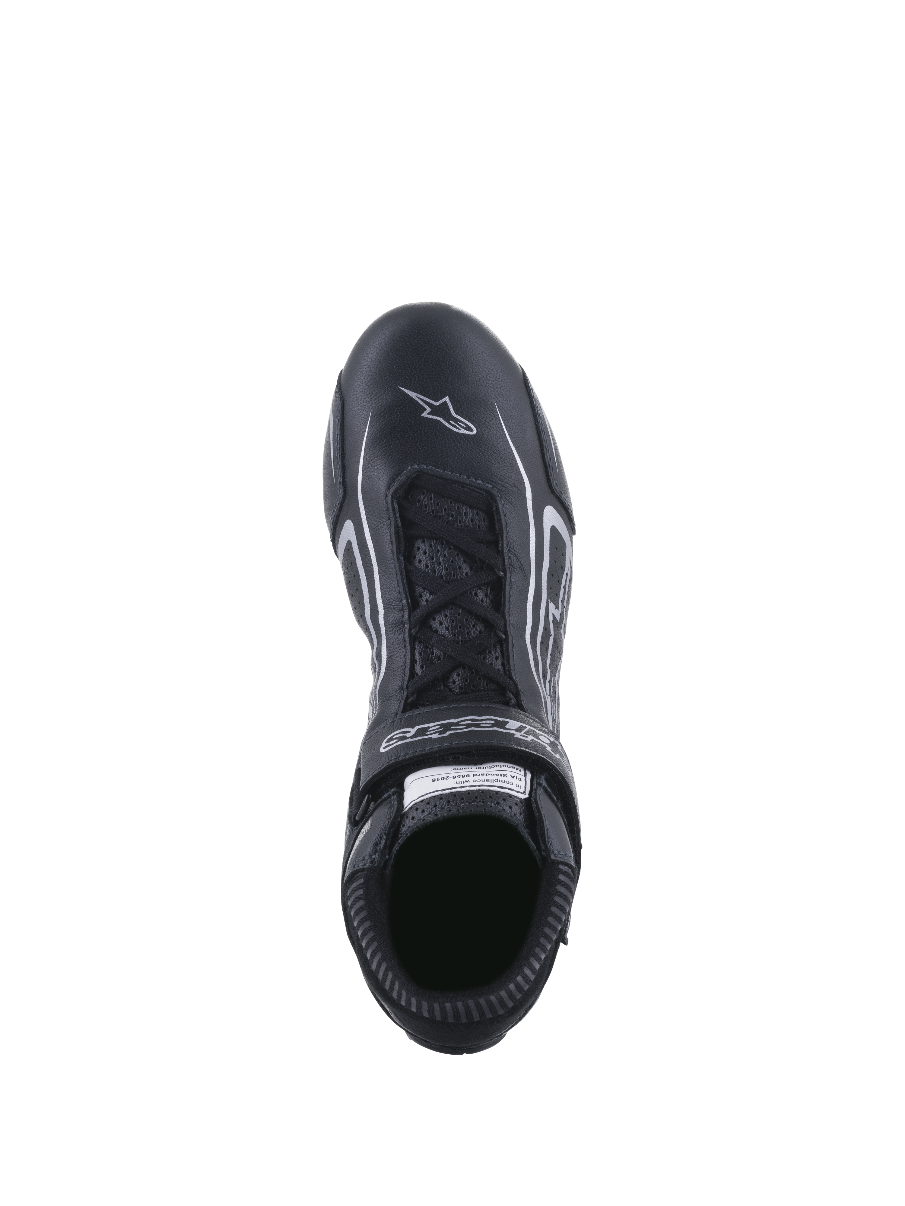 Alpinestars Tech-1 T V3 Shoes FIA, Auto Racing Shoes, Black and Silver, top-down view showing the lacing system and branded hook and loop strap, full-grain bovine leather with white star logo on the toe, professional motorsport footwear.