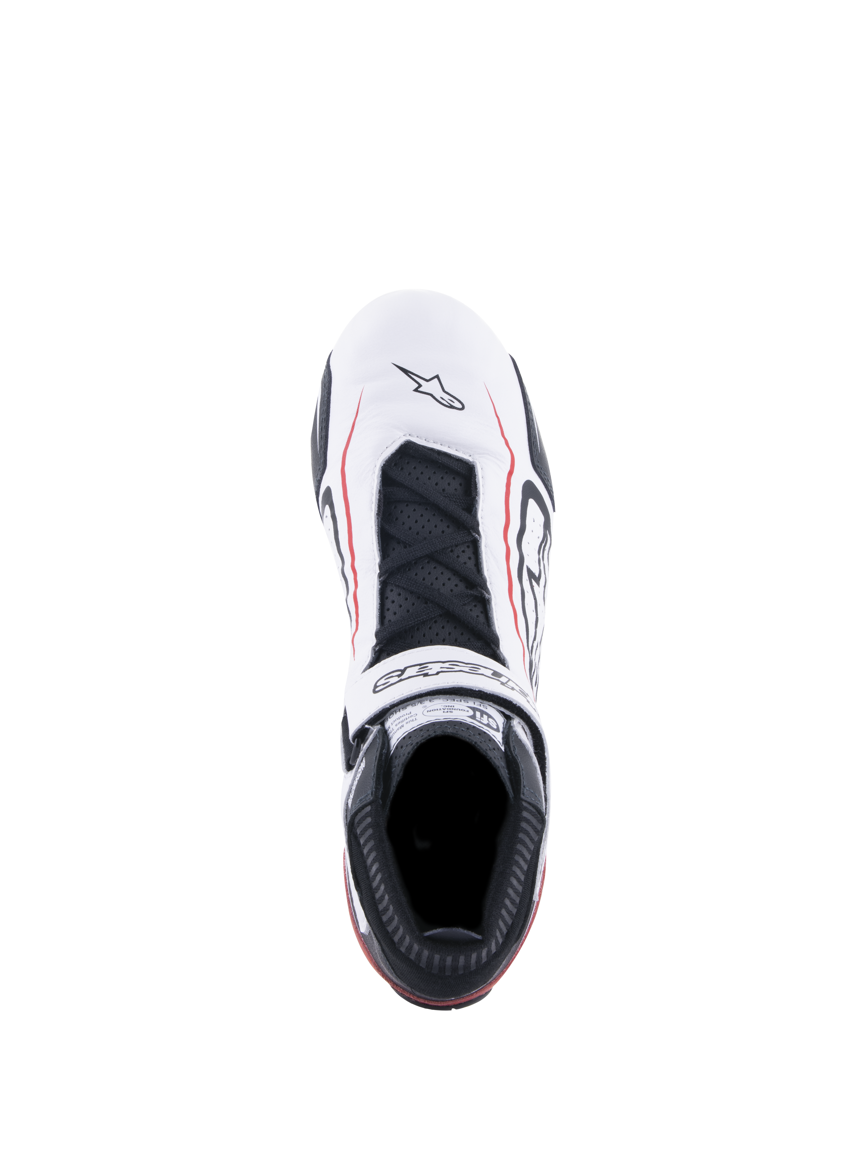 Alpinestars Tech-1 T V3 Shoes FIA, Auto Racing Shoes, White Black and Red, top-down view featuring white leather upper with red accent lines, black laces, branded hook and loop strap, and SFI certification label on the tongue