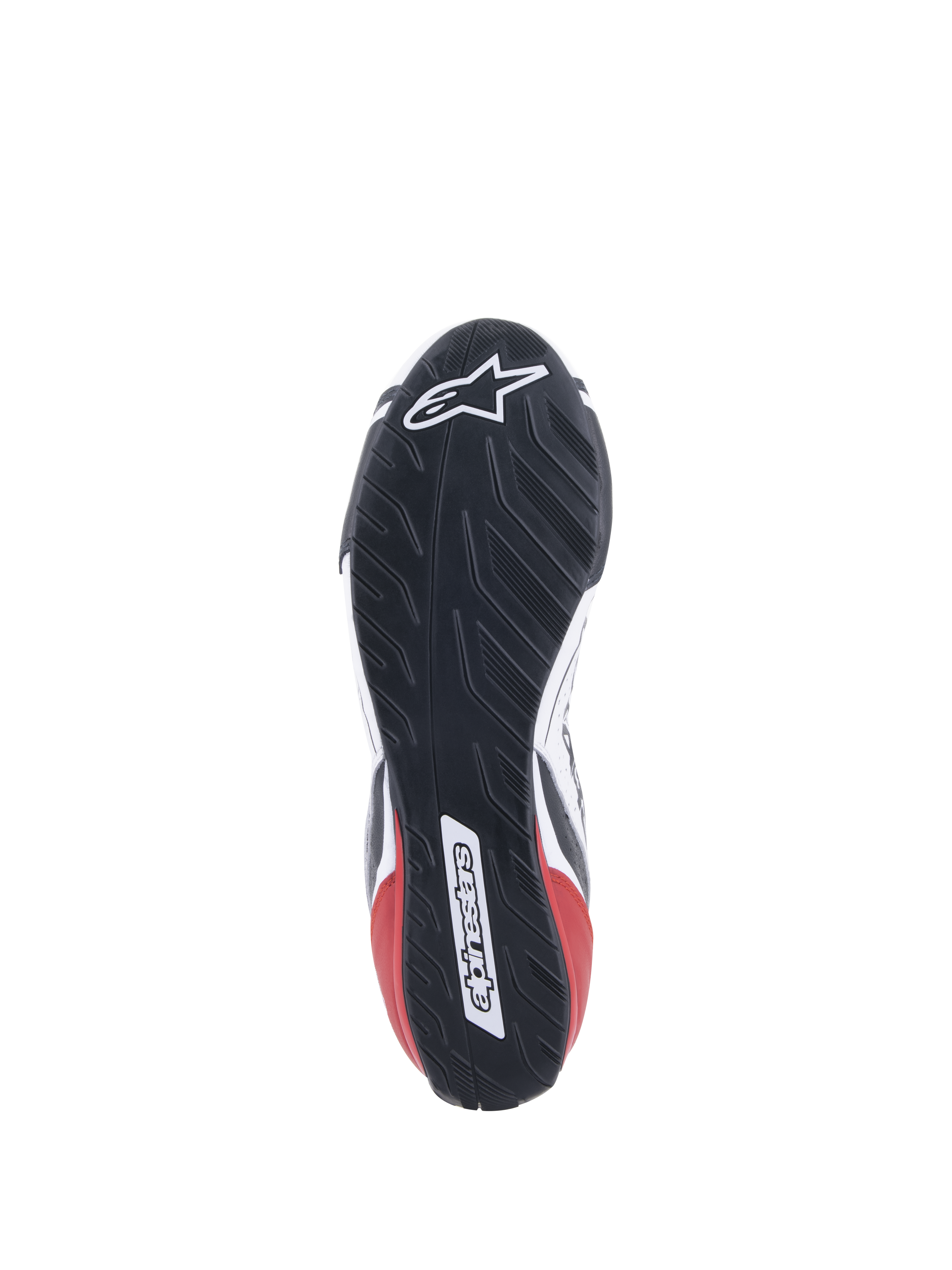 Alpinestars Tech-1 T V3 Shoes FIA, Auto Racing Shoes, White Black and Red, detailed view of the asymmetric tire-tread-inspired rubber sole, featuring the Alpinestars logo and wordmark, oil-resistant and water-repelling outsole design