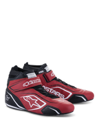 Alpinestars Tech-1 T V3 Shoes FIA, Auto Racing Shoes, Red Black and White, pair of mid-cut leather shoes with adjustable hook and loop straps and traditional laces, featuring bold white Alpinestars branding and perforated side panels.