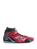 Alpinestars Tech-1 T V3 Shoes FIA, Red and Black Professional Racing Shoes, Side Profile, High-Top Design, White Alpinestars Logo and 1T Branding, Velcro Ankle Strap, Perforated Bovine Leather for Breathability, Thin Black Performance Sole, FIA Certified Motorsport Footwear