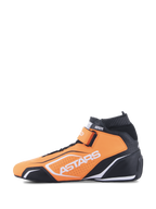 Alpinestars Tech-1 T V3 Shoes FIA, Auto Racing Shoes, Orange Fluo Black and White, side profile view, featuring bovine leather construction, hook and loop ankle strap, and white Astars branding.
