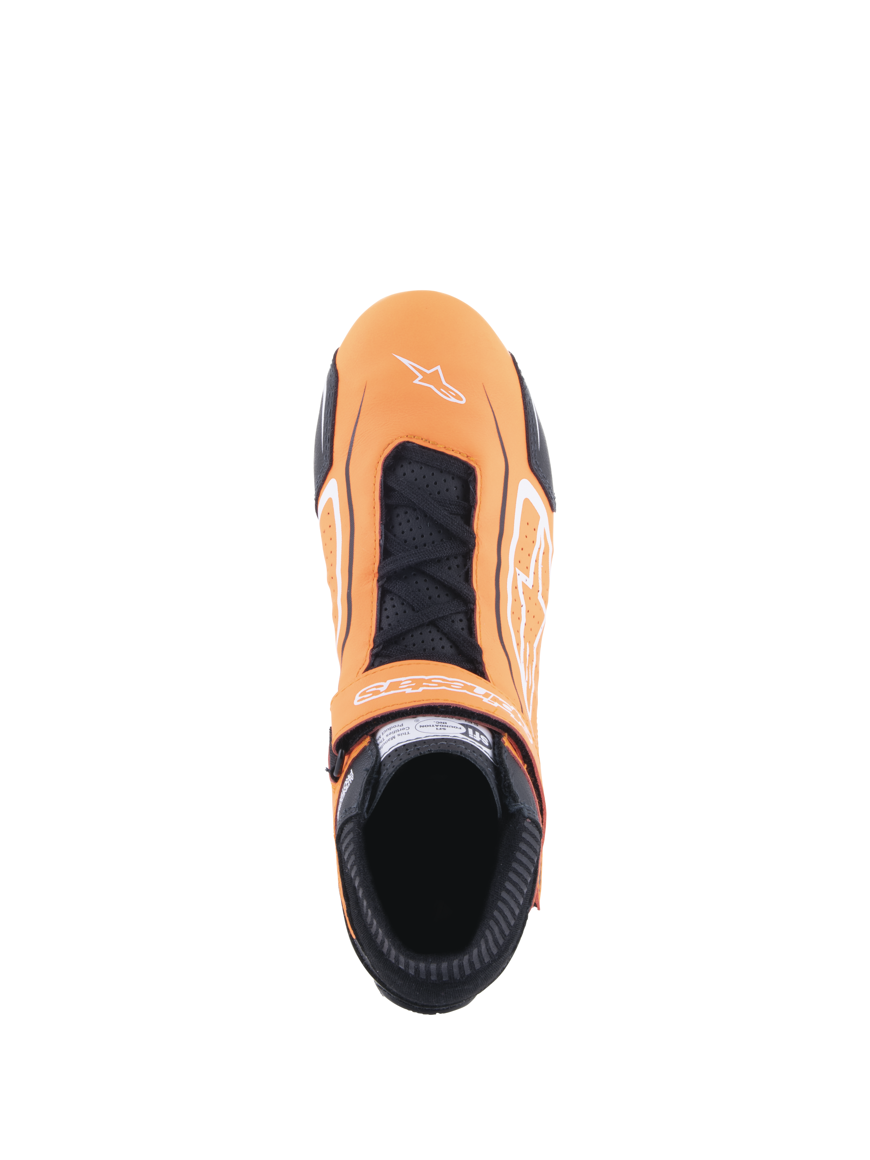Alpinestars Tech-1 T V3 Shoes, Auto Racing Shoes, Orange Fluo Black and White, top-down view showing lace closure and hook-and-loop strap, white Alpinestars logo on toe, perforated leather panels and black fireproof collar