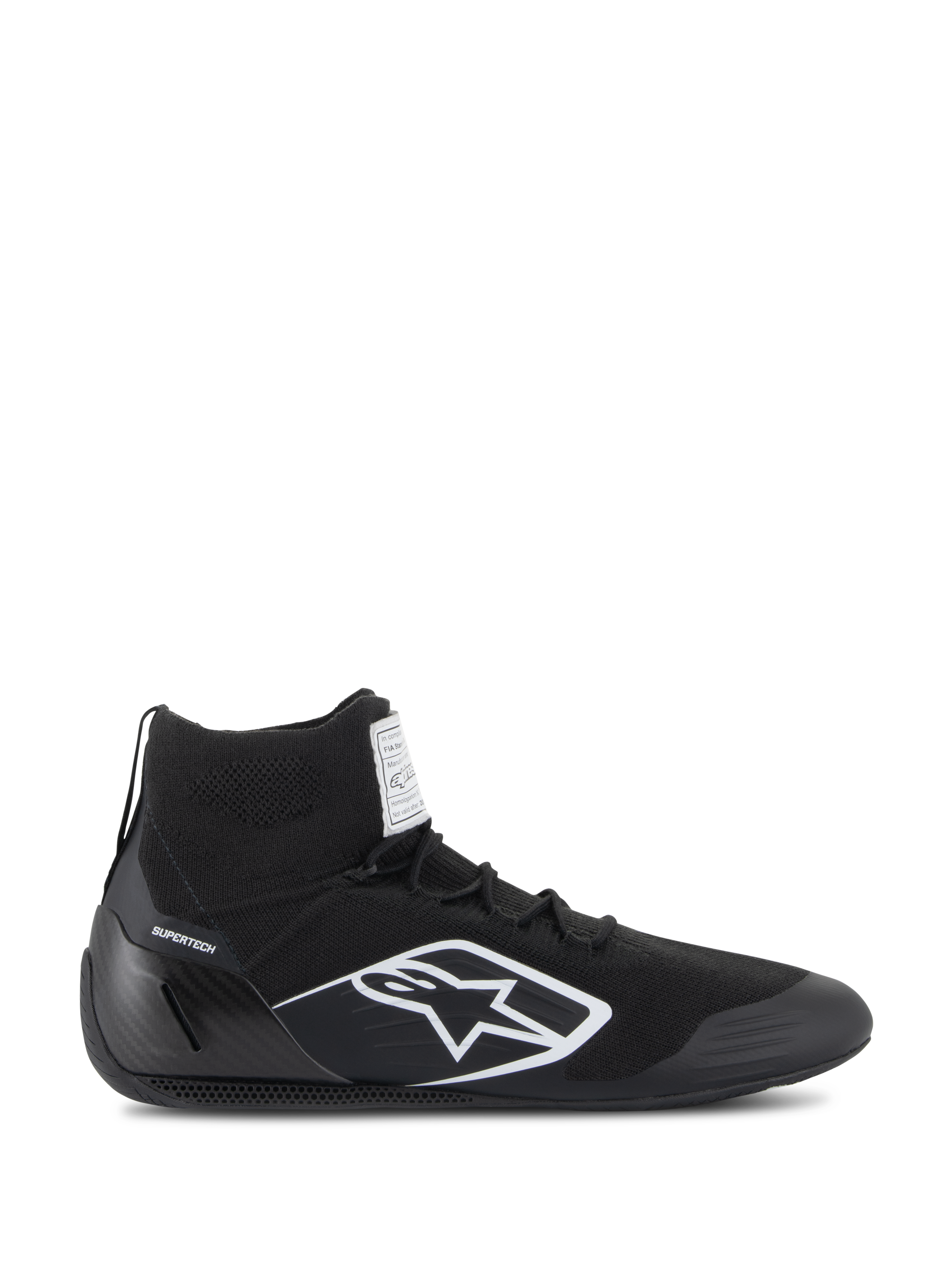 Alpinestars Supertech Shoes, FIA/SFI Certified Auto Racing Shoes, Black with white Alpinestars star logo, high-top design featuring a knitted upper and carbon fiber heel cup, professional motorsport footwear