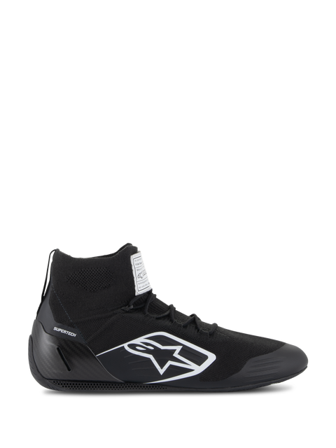 Alpinestars Supertech Shoes, FIA/SFI Certified Auto Racing Shoes, Black with white Alpinestars star logo, high-top design featuring a knitted upper and carbon fiber heel cup, professional motorsport footwear