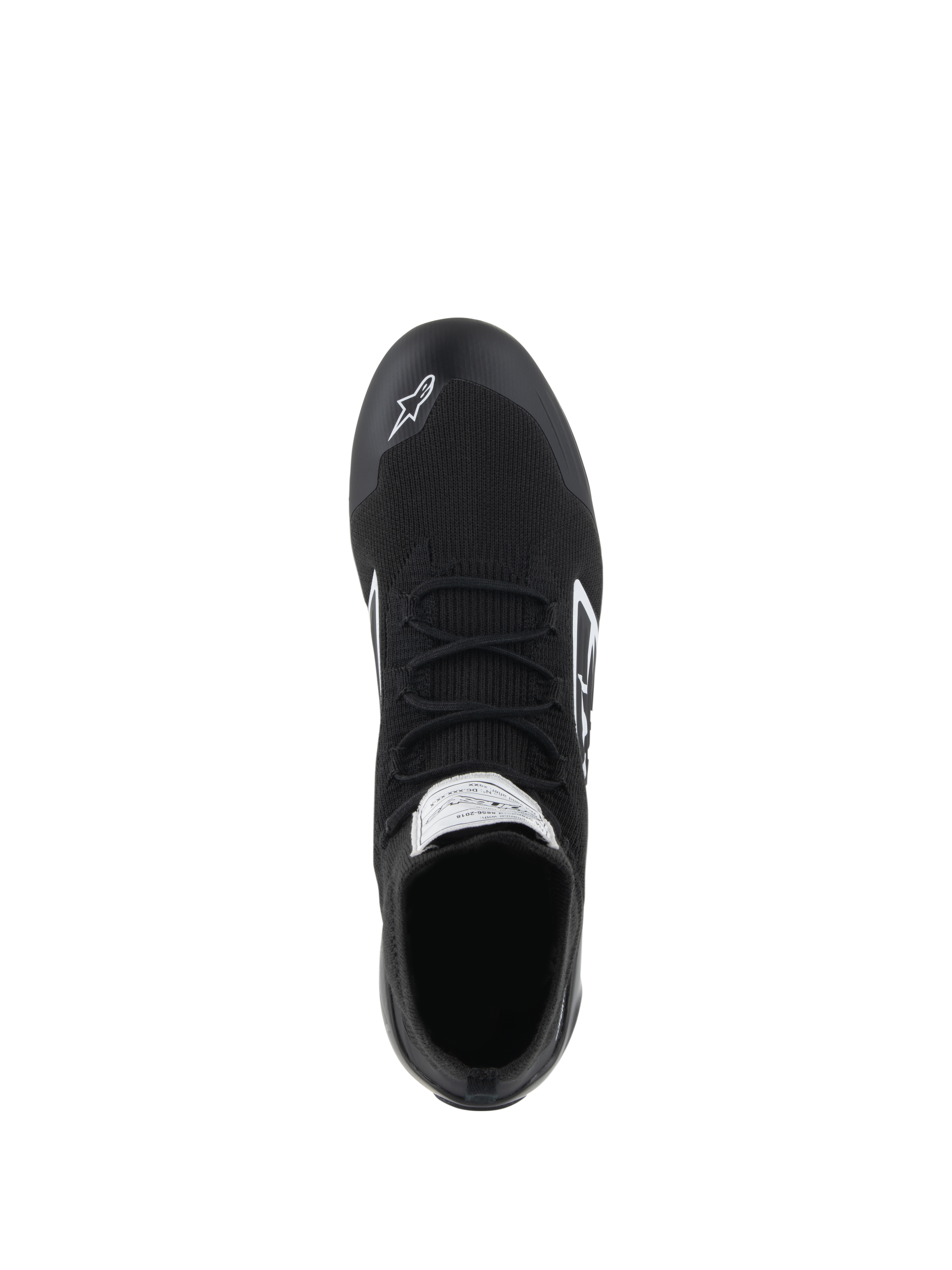 Alpinestars Supertech Shoes - FIA/SFI, Auto Racing Shoes, Black, top-down view showing the fully knitted aramidic upper, flat laces, and white Alpinestars logo on the toe, professional motorsport footwear