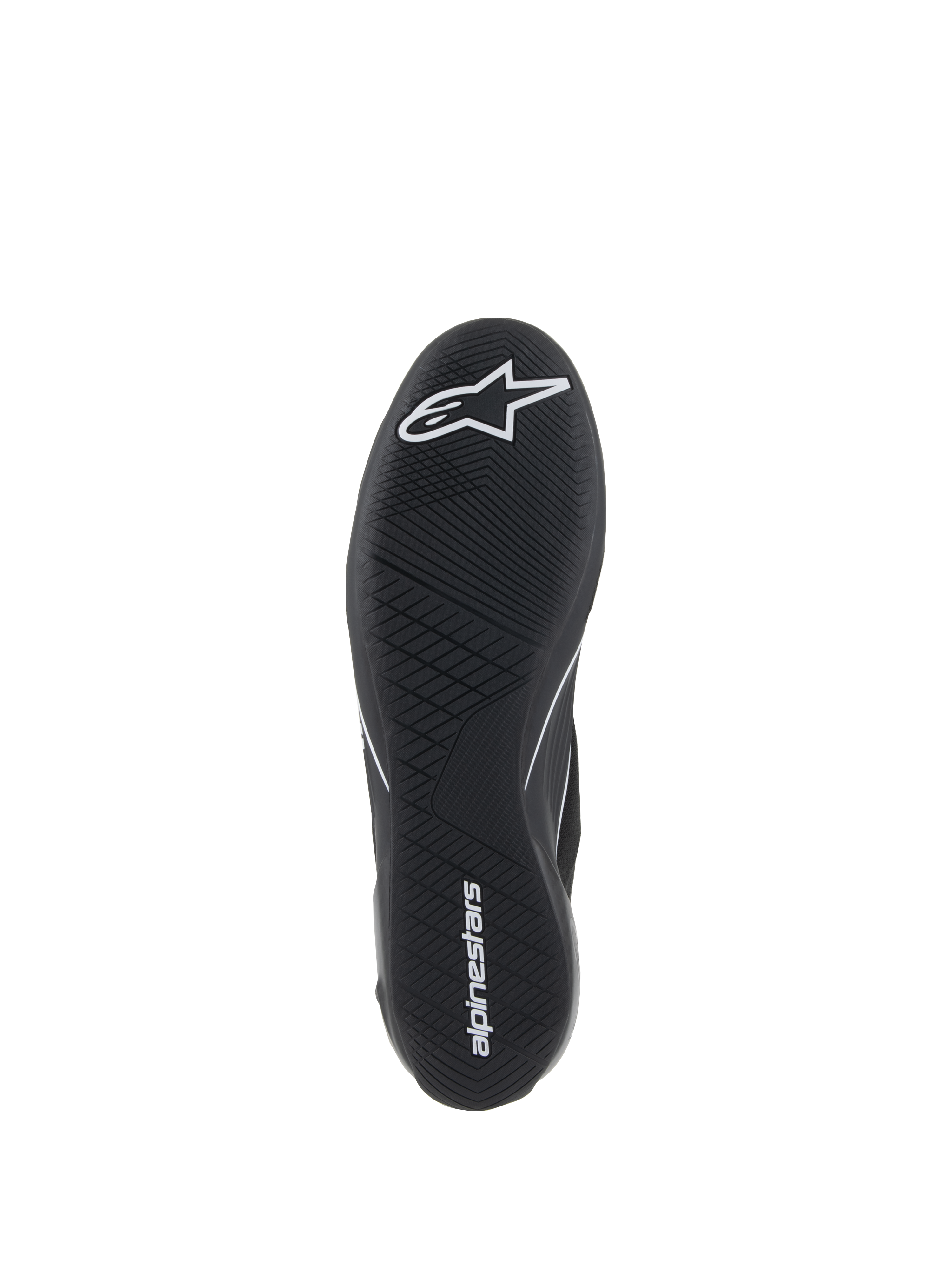 Alpinestars Supertech Shoes, Auto Racing Shoes, Black, bottom view of the ultra-thin rubber outsole with white star logo and alpinestars wordmark, featuring an asymmetric tread pattern for pedal sensitivity and grip