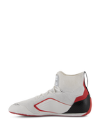 Alpinestars Supertech Shoes - FIA/SFI, Auto Racing Shoes, White Red and Black, profile view showing the knitted upper construction, red side accents, and black carbon fiber heel cup