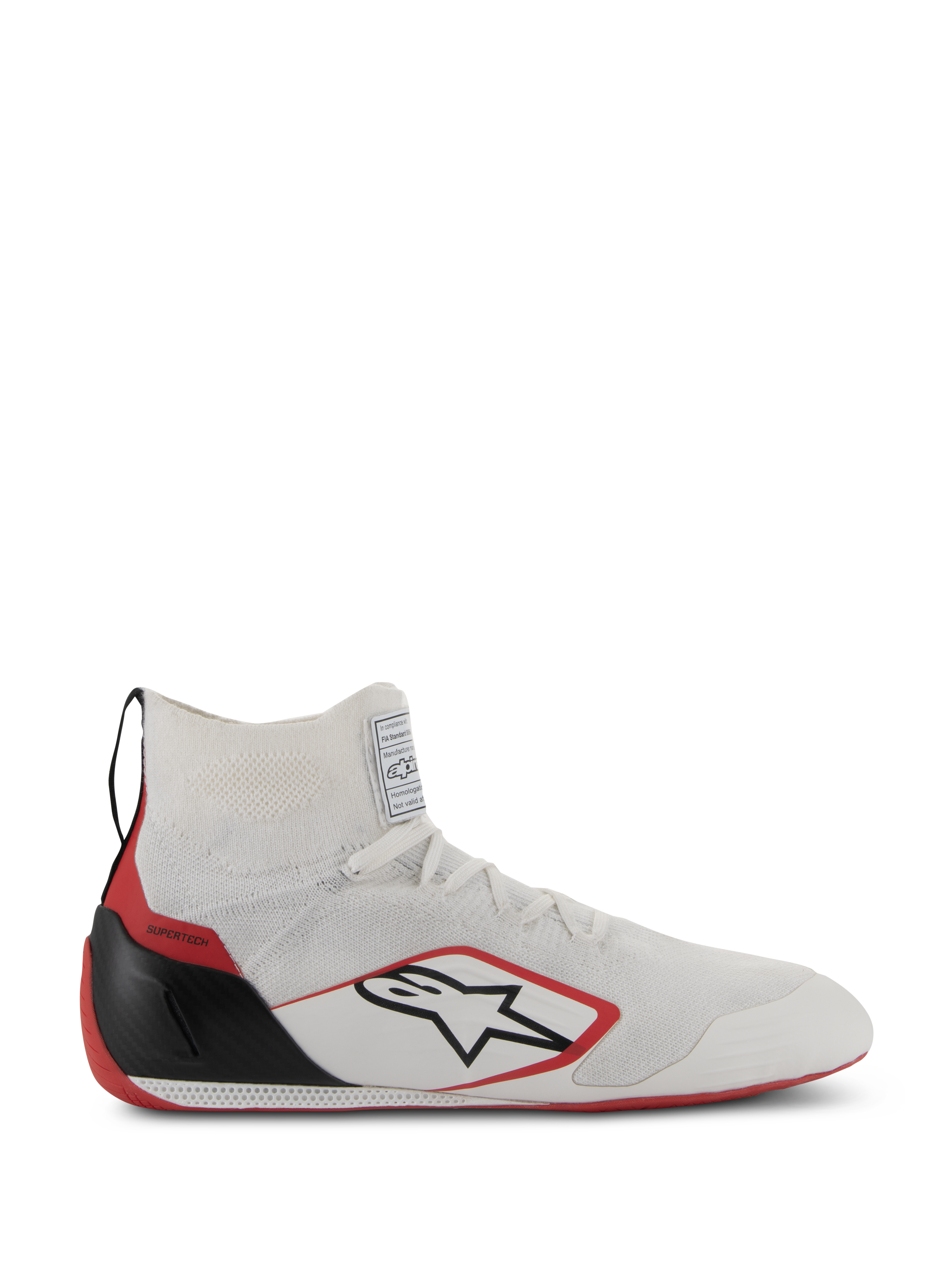 Alpinestars Supertech Shoes, FIA/SFI certified auto racing footwear, White with Red and Black accents, featuring a knitted upper, carbon fiber heel cup, and red outsole, sleek high-top design for professional motorsport