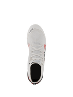 Alpinestars Supertech Shoes, Auto Racing Shoes, White Red and Black, top-down view showing the knitted aramid fiber upper, white laces, and carbon fiber heel lockdown, professional motorsport footwear