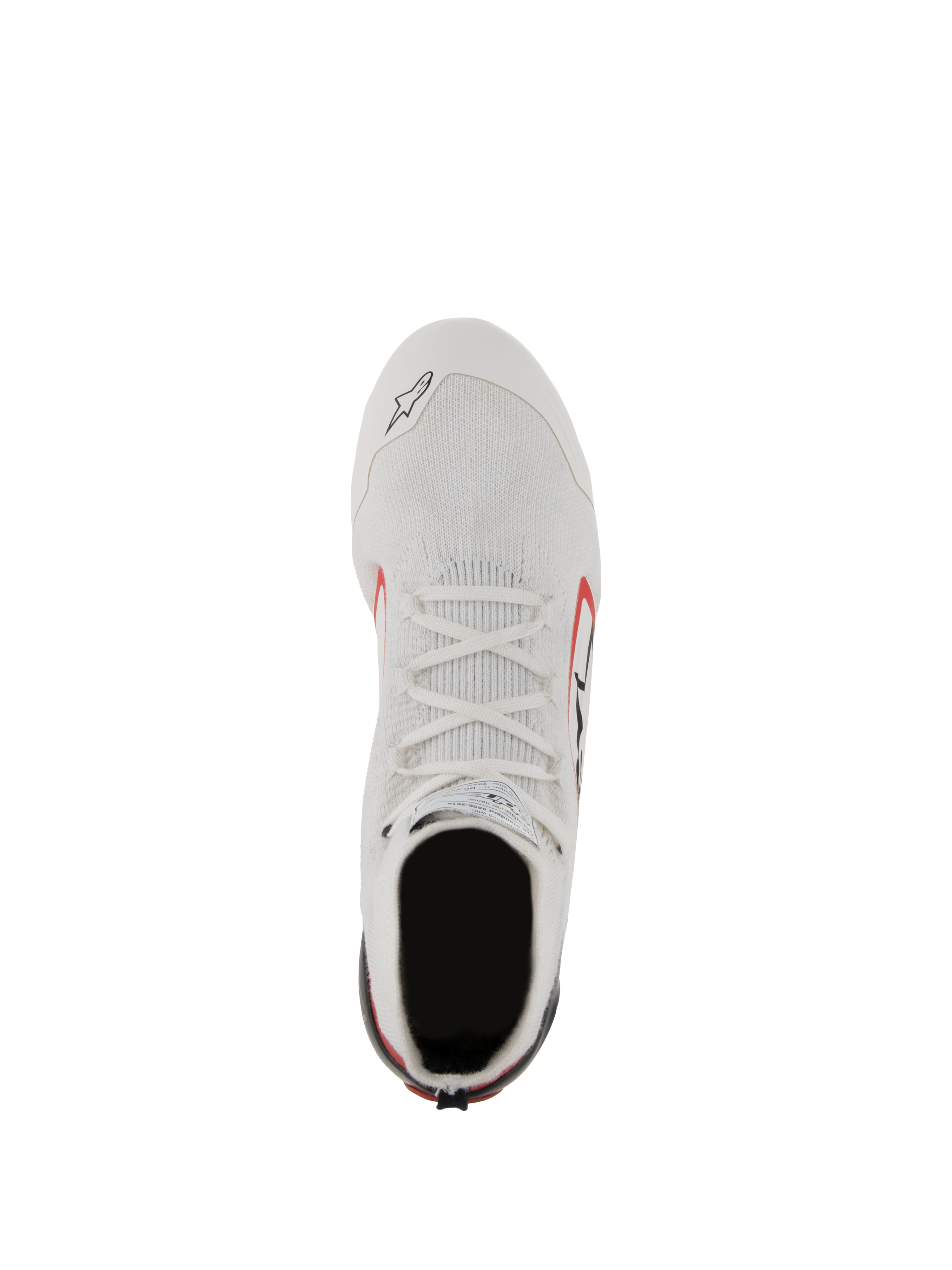 Alpinestars Supertech Shoes, Auto Racing Shoes, White Red and Black, top-down view showing the knitted aramid fiber upper, white laces, and carbon fiber heel lockdown, professional motorsport footwear