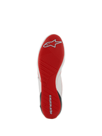 Alpinestars Supertech Shoes, Auto Racing Footwear, Red outsole view, ultra-thin rubber sole with asymmetric tread, white and red logo details, professional racing footwear for optimal pedal sensitivity.
