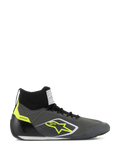 Alpinestars Supertech Shoes FIA/SFI, professional high-top racing shoes, Cool Gray and Black with Yellow Fluo accents, featuring a knitted aramid upper, carbon fiber heel cup, yellow star logo, and white and black thin sole, motorsport certified footwear