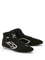Alpinestars SP V3 Shoes FIA, Auto Racing Shoes, Black and White, premium suede construction, featuring white Astars logo on the side and thin racing-spec sole for enhanced pedal feel