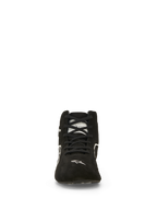 Alpinestars SP V3 Shoes FIA, Auto Racing Shoes, Black and White, front view, premium suede upper with black laces, white Alpinestars logo on the toe, fire-resistant professional motorsport footwear