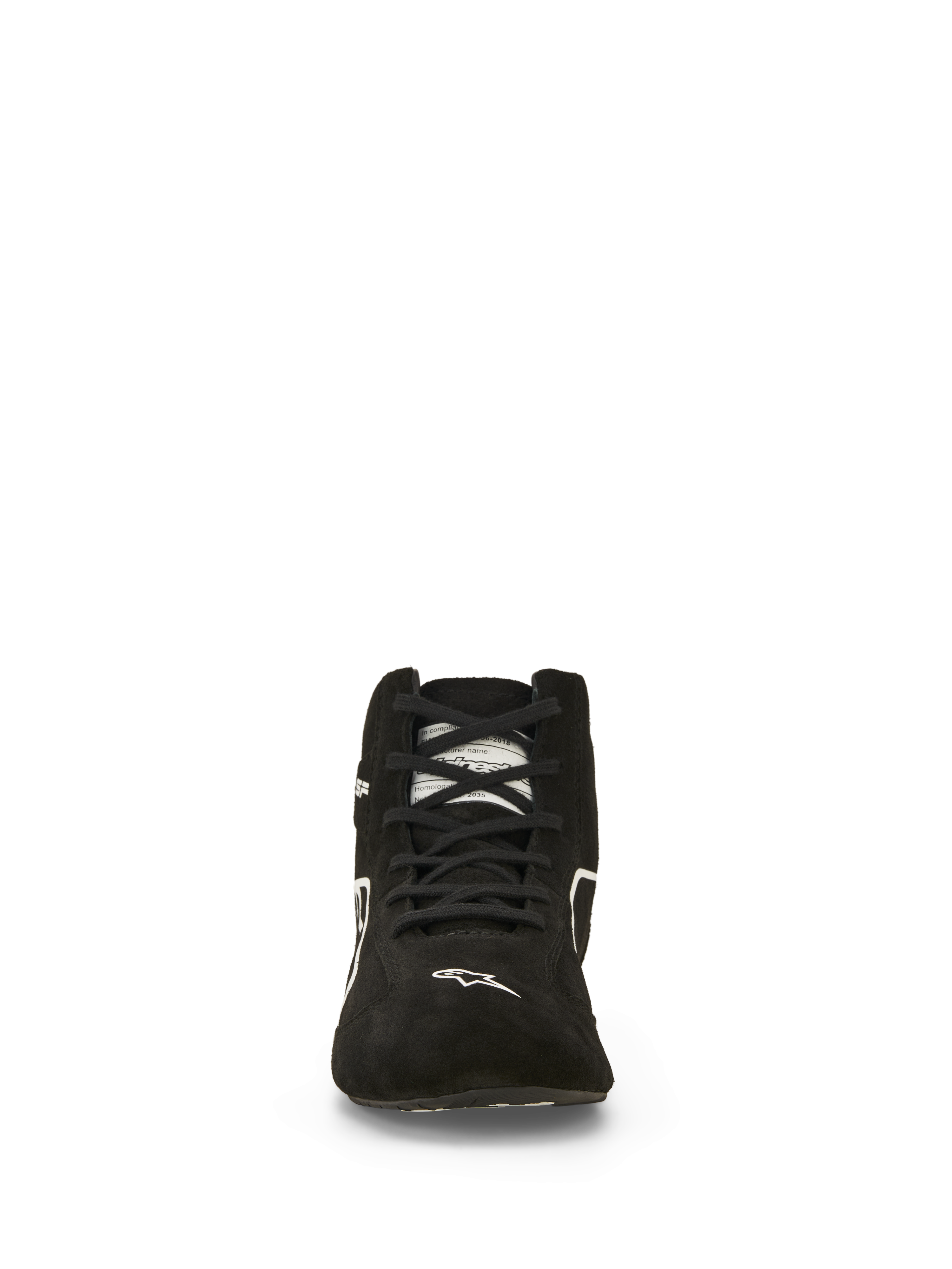 Alpinestars SP V3 Shoes FIA, Auto Racing Shoes, Black and White, front view, premium suede upper with black laces, white Alpinestars logo on the toe, fire-resistant professional motorsport footwear