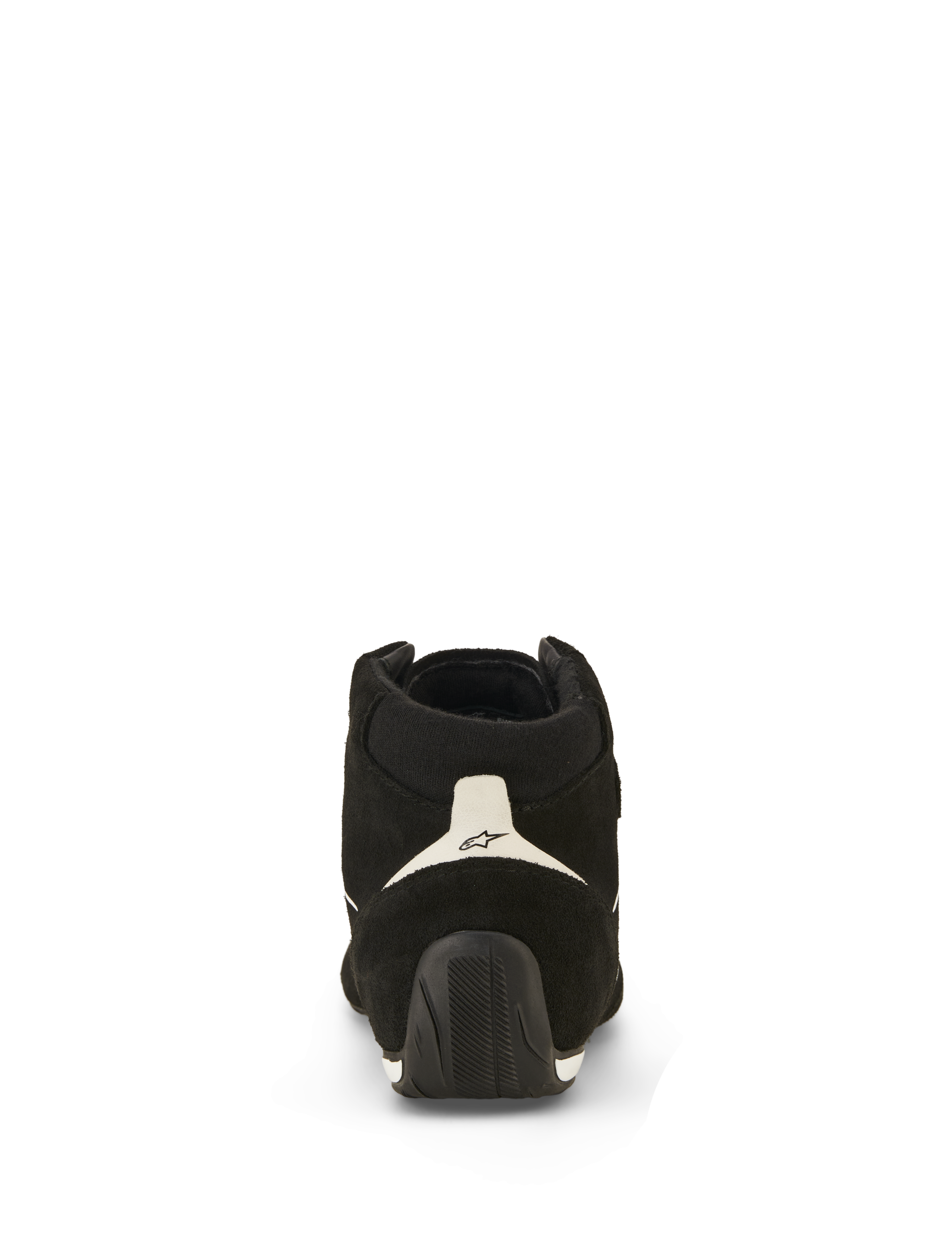 Alpinestars SP V3 Shoes FIA, Auto Racing Shoes, Black and White, rear view featuring suede upper, white heel panel with black logo, and textured rubber sole extending up the heel