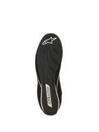 Alpinestars SP V3 Shoes FIA, Black racing shoe sole view, featuring exclusive rubber compound with line-textured grip for pedal feel, white Alpinestars star logo at the heel and wordmark at the arch