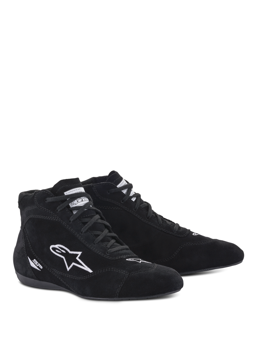 Alpinestars SP V2 Schuhe, Auto-Rennschuhe, Schwarz, High-Top-Design aus Wildleder mit weißem gesticktem Stern-Logo und SP-Branding, dünne Sohle nach F1-Spezifikation für präzises Pedalgefühl, professionelles Motorsport-Schuhwerk