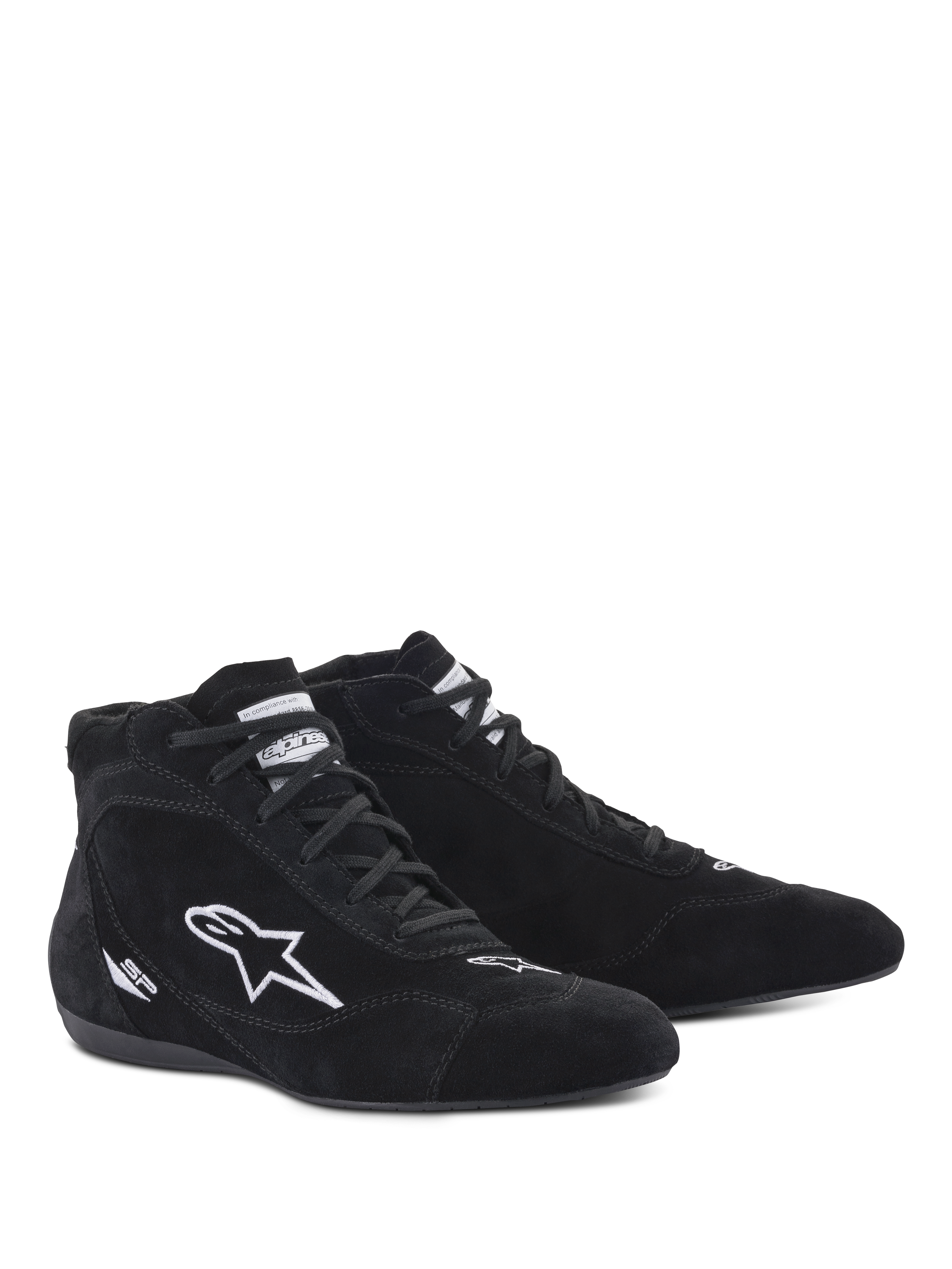 Alpinestars SP V2 Schuhe, Auto-Rennschuhe, Schwarz, High-Top-Design aus Wildleder mit weißem gesticktem Stern-Logo und SP-Branding, dünne Sohle nach F1-Spezifikation für präzises Pedalgefühl, professionelles Motorsport-Schuhwerk