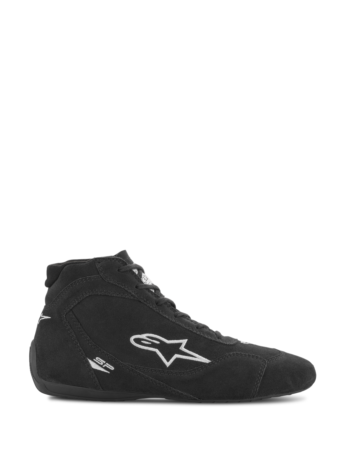 Alpinestars SP V2 Schuhe, Auto-Rennsport-Schuhe, schwarzes Wildleder mit weißem Alpinestars-Sternlogo, High-Top-Profil, Schnürverschluss, ultradünne Rennsohle, schlankes Motorsport-Design