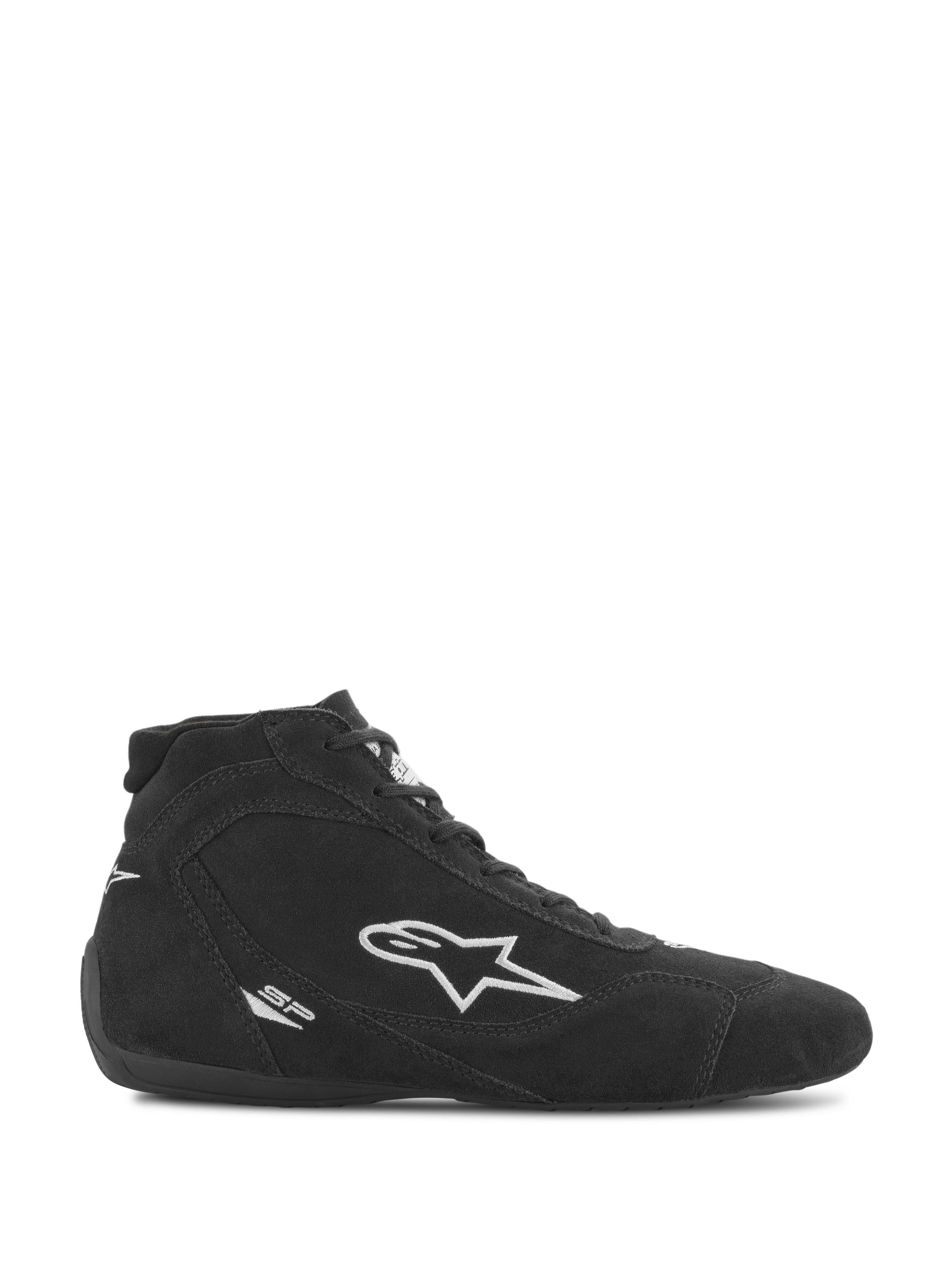 Alpinestars SP V2 Schuhe, Auto-Rennsport-Schuhe, schwarzes Wildleder mit weißem Alpinestars-Sternlogo, High-Top-Profil, Schnürverschluss, ultradünne Rennsohle, schlankes Motorsport-Design