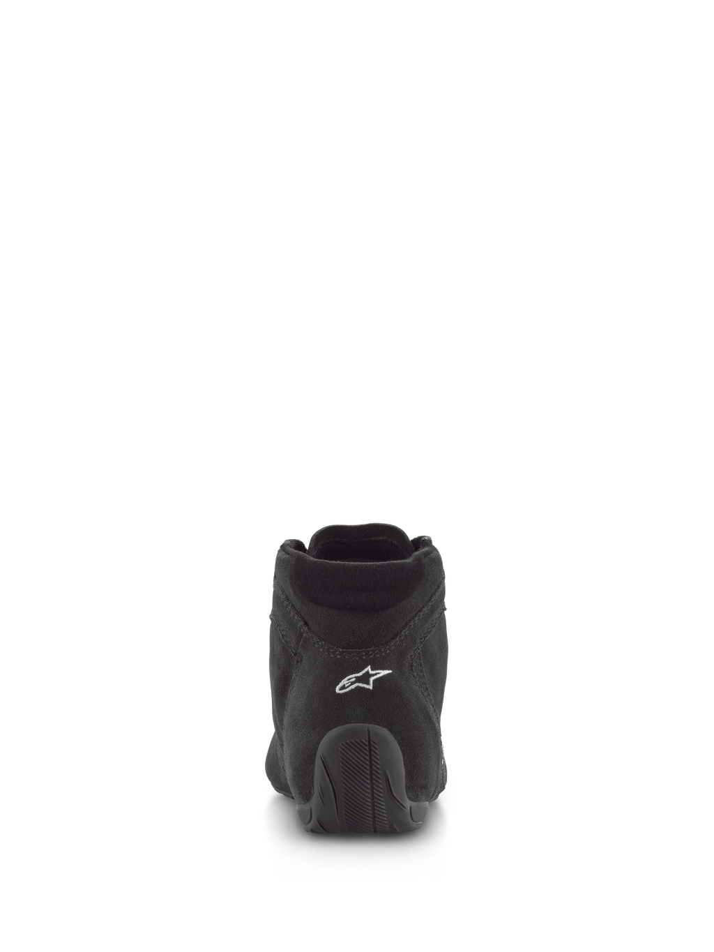 Alpinestars SP V2 Schuhe, Autorennschuhe, Schwarz, Rückansicht mit hochwertigem Wildleder-Obermaterial, weißem Logo an der Ferse und strukturierter Gummisohle, professionelles Motorsport-Schuhwerk