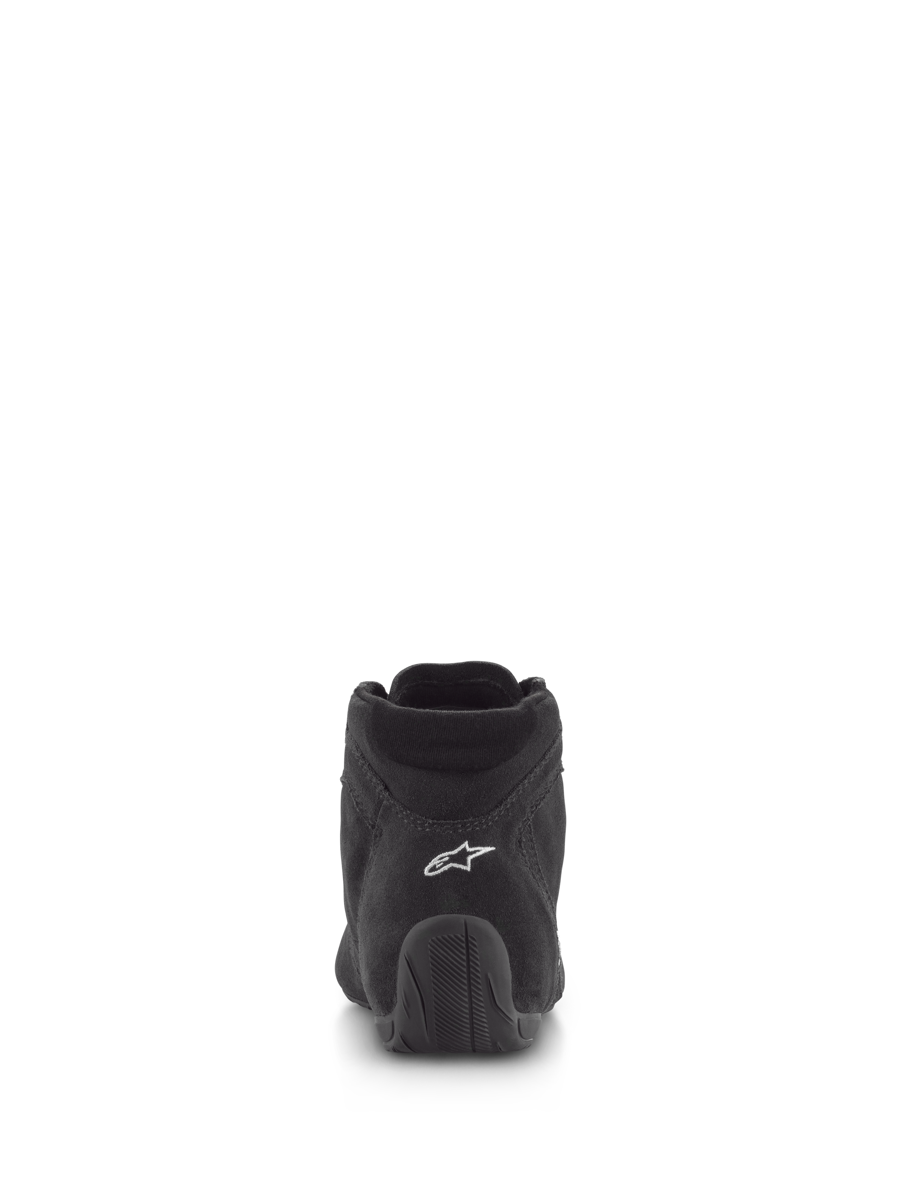 Alpinestars SP V2 Schuhe, Autorennschuhe, Schwarz, Rückansicht mit hochwertigem Wildleder-Obermaterial, weißem Logo an der Ferse und strukturierter Gummisohle, professionelles Motorsport-Schuhwerk
