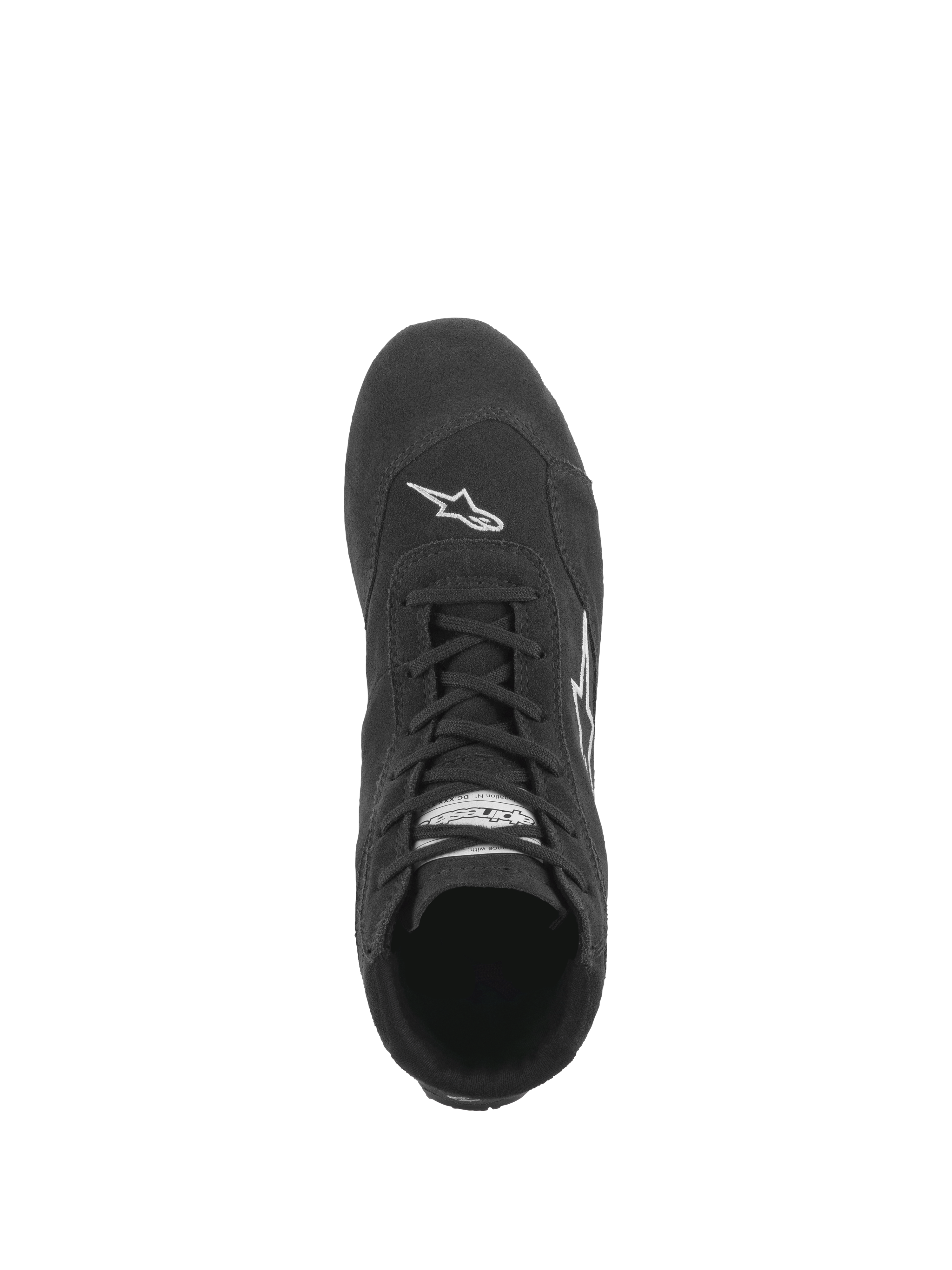 Alpinestars SP V2 Schuhe, Auto-Rennschuhe, Schwarz, Draufsicht zeigt das asymmetrische Schnürsystem, die hochwertige Wildlederkonstruktion und das weiße Astars-Logo-Branding auf der Zehenkappe