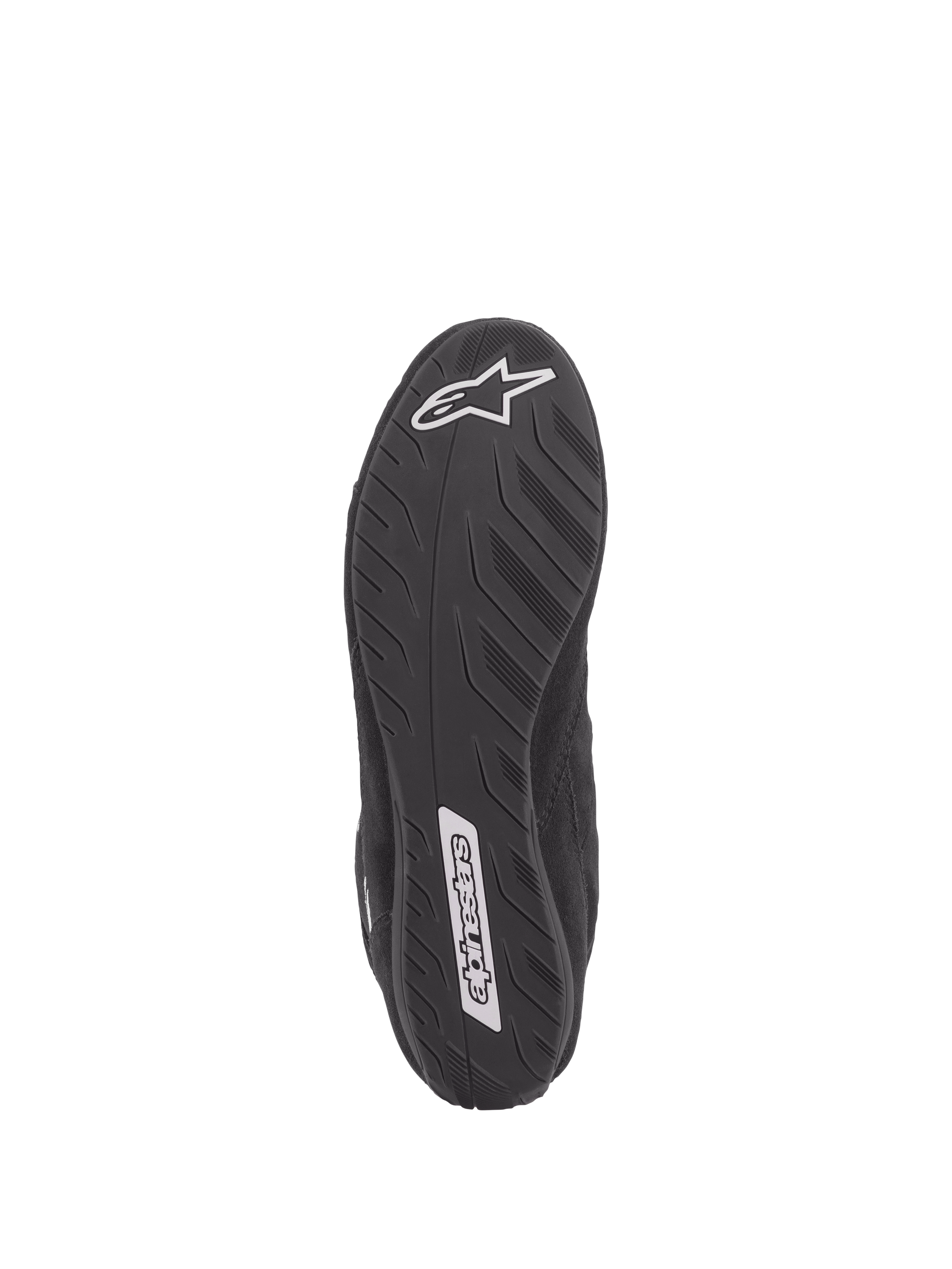 Alpinestars SP V2 Schuhe, Auto-Rennschuhe, Schwarz, Unteransicht der ultradünnen Sohle nach Formel-1-Spezifikation, strukturierter Grip für optimales Pedalgefühl, mit weißen Alpinestars-Logos an der Ferse und im Mittelfußbereich