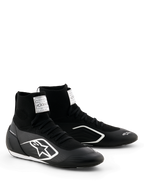Alpinestars Supertech K Schuhe - FIA, Kart-Schuhe, Schwarz und Weiß, vollständig gestricktes Obermaterial mit sockenähnlicher High-Top-Passform, weißes Alpinestars-Logo an der Seite, weißes FIA-Zertifizierungsetikett auf der Zunge, schlankes, leichtes Design für Rennleistung
