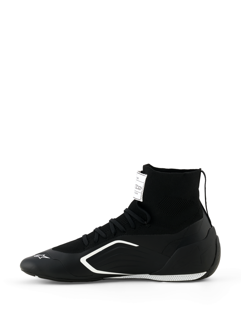 Alpinestars Supertech K Schuhe - FIA, Kart-Schuhe, Schwarz und Weiß, Seitenansicht, mit einer vollständig gestrickten High-Top-Konstruktion, weißen eckigen Seitengrafiken und weißem Logo auf der Zehenkappe, technisches Rennschuhwerk