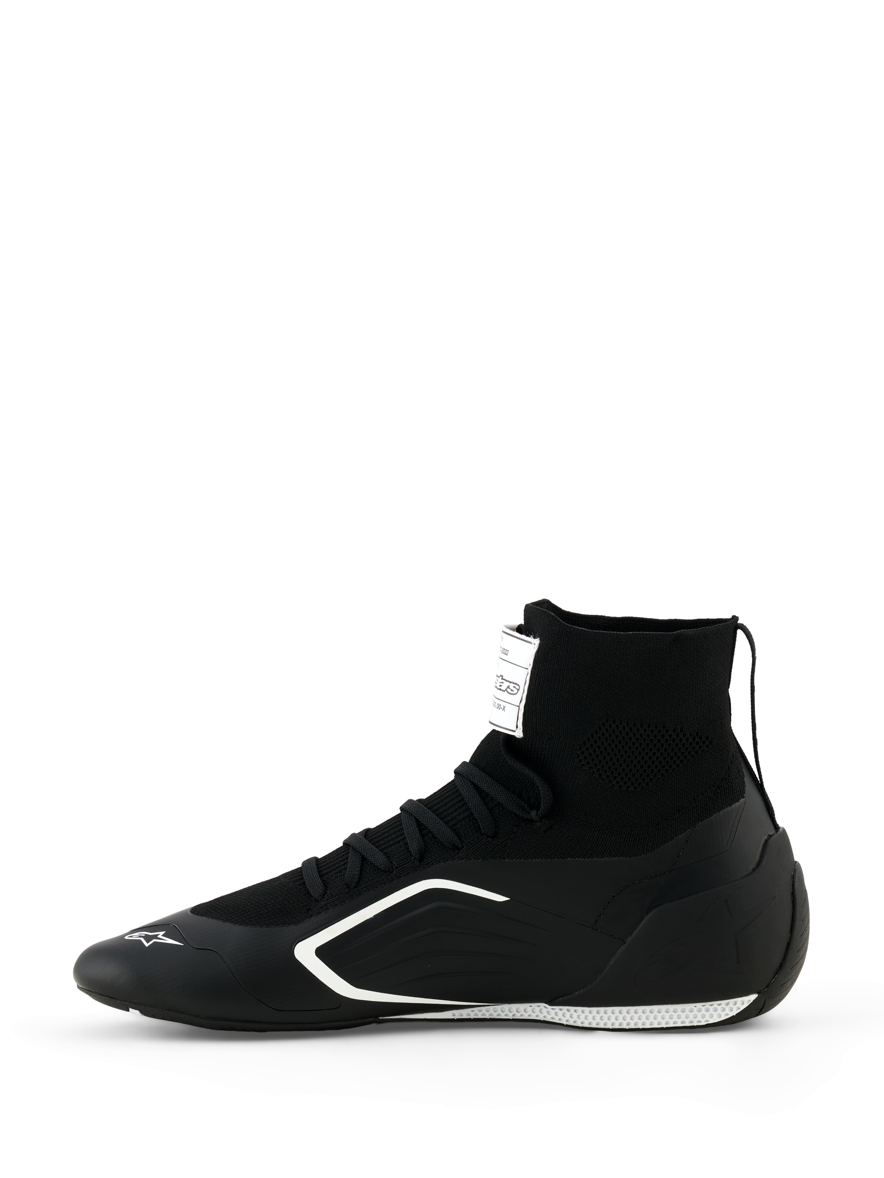 Alpinestars Supertech K Schuhe - FIA, Kart-Schuhe, Schwarz und Weiß, Seitenansicht, mit einer vollständig gestrickten High-Top-Konstruktion, weißen eckigen Seitengrafiken und weißem Logo auf der Zehenkappe, technisches Rennschuhwerk
