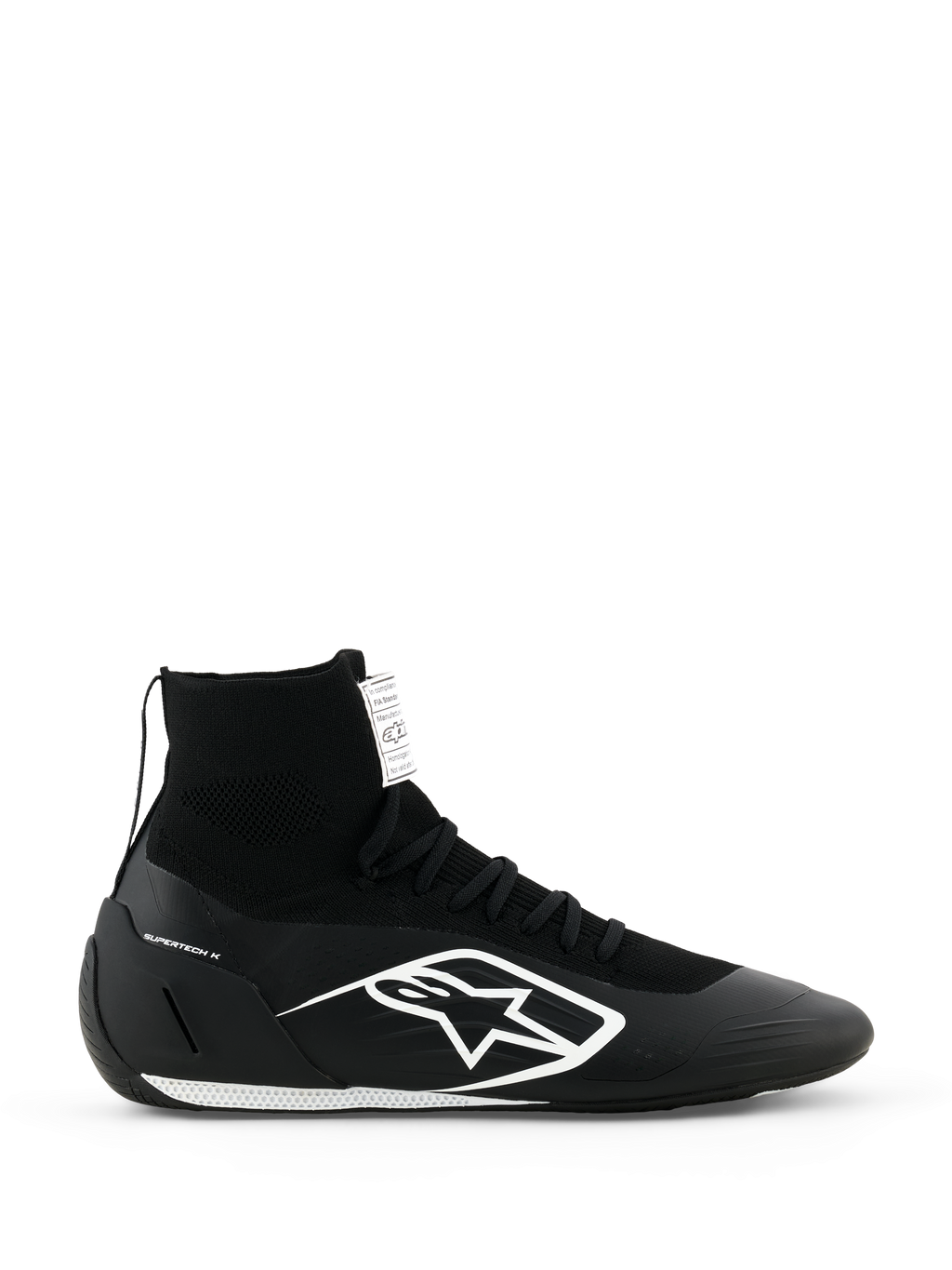 Alpinestars Supertech K Schuhe FIA, Schwarze Kart-Rennschuhe, High-Top-Strickdesign mit weißem Logo, Sockenähnlicher Knöchelbund, Weiße strukturierte Sohle, FIA-zertifiziert