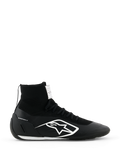 Alpinestars Supertech K Schuhe FIA, Schwarze Kart-Rennschuhe, High-Top-Strickdesign mit weißem Logo, Sockenähnlicher Knöchelbund, Weiße strukturierte Sohle, FIA-zertifiziert