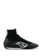 Alpinestars Supertech K Schuhe FIA, Schwarze Kart-Rennschuhe, High-Top-Strickdesign mit weißem Logo, Sockenähnlicher Knöchelbund, Weiße strukturierte Sohle, FIA-zertifiziert
