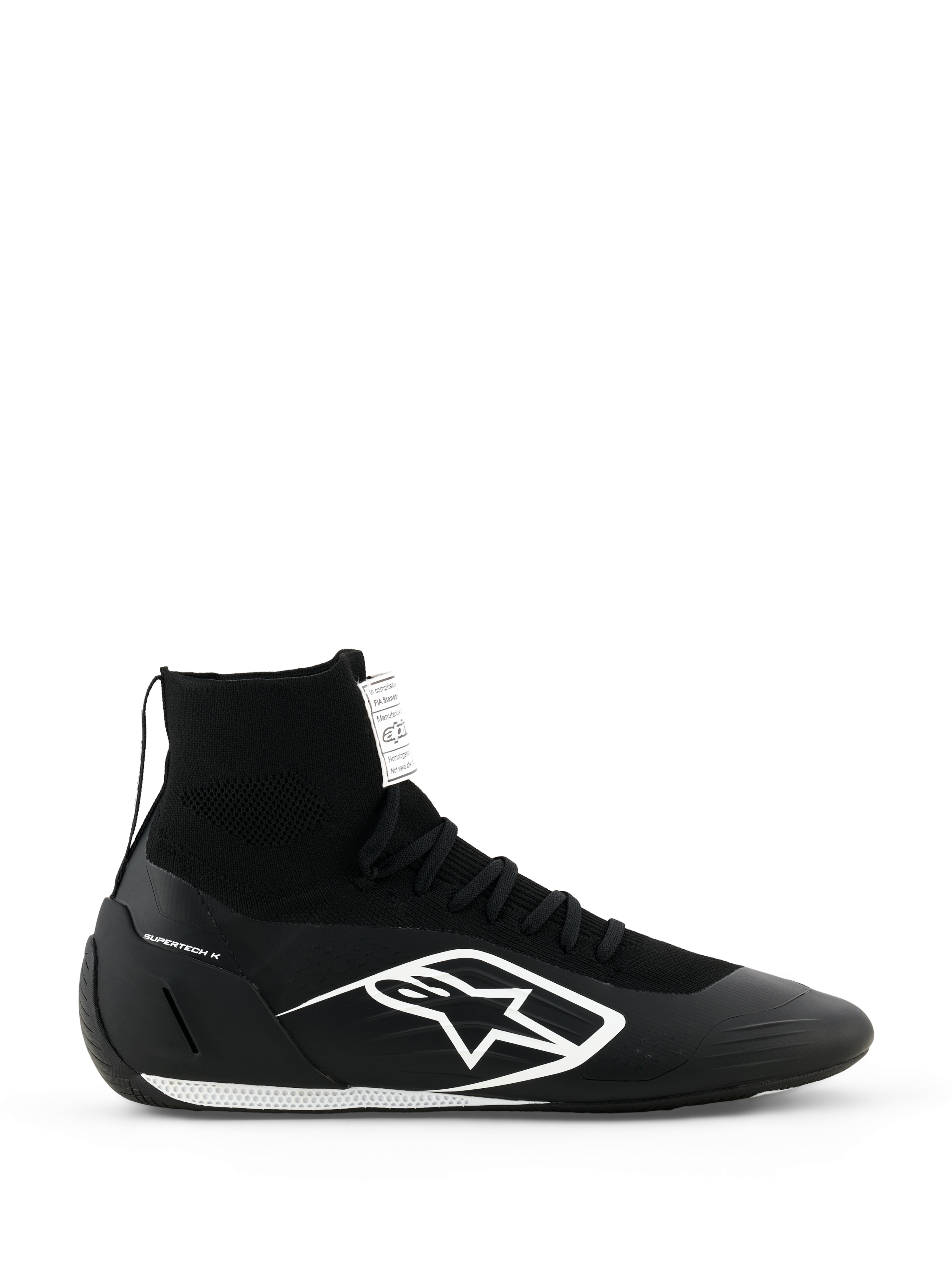 Alpinestars Supertech K Schuhe FIA, Schwarze Kart-Rennschuhe, High-Top-Strickdesign mit weißem Logo, Sockenähnlicher Knöchelbund, Weiße strukturierte Sohle, FIA-zertifiziert