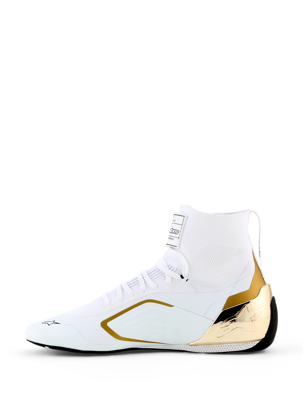 Alpinestars Supertech K Schuhe - FIA, Kartschuhe, Weiß und Gold, Seitenprofil mit weißem gestricktem Obermaterial, metallisch-goldener TPU-Fersenkappe und goldenen Seitenakzenten, schlankes Renndesign für professionellen Motorsport