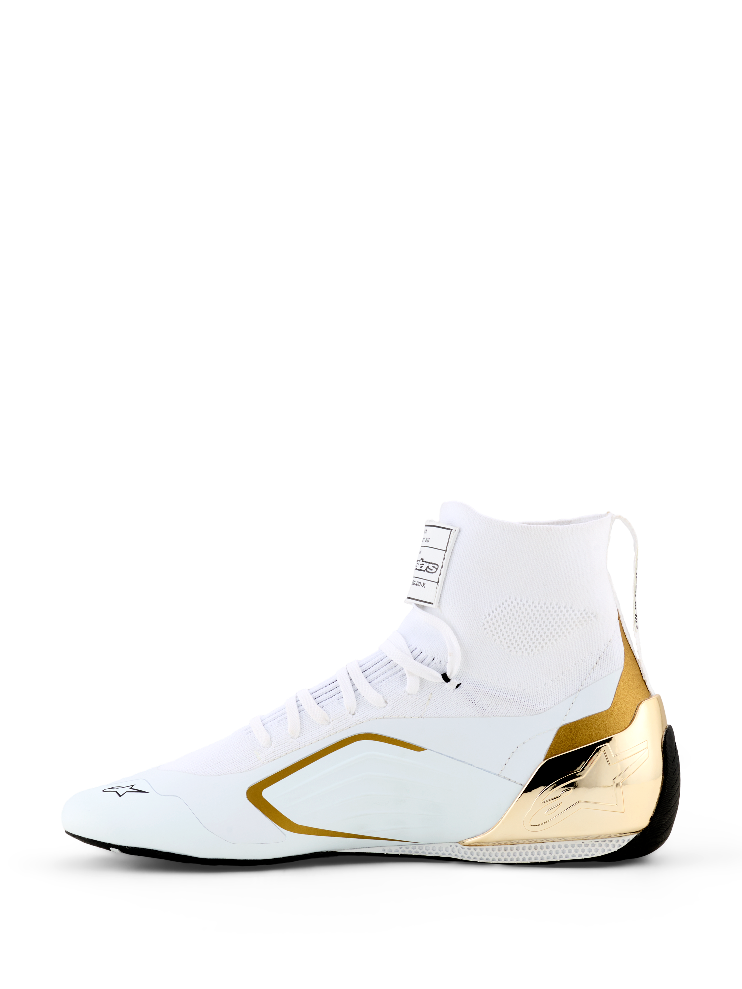 Alpinestars Supertech K Schuhe - FIA, Kartschuhe, Weiß und Gold, Seitenprofil mit weißem gestricktem Obermaterial, metallisch-goldener TPU-Fersenkappe und goldenen Seitenakzenten, schlankes Renndesign für professionellen Motorsport
