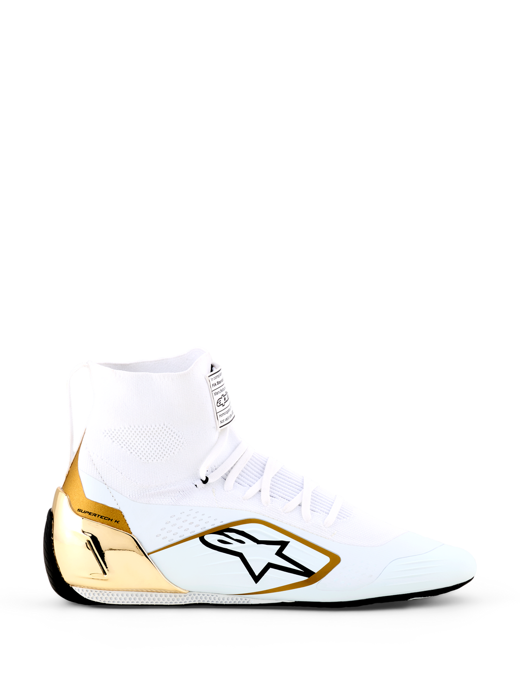 Alpinestars Supertech K Schuhe - FIA, Weiß-goldene Kart-Schuhe, High-Top-Design mit vollständig gestricktem Obermaterial, metallisch-goldene TPU-Fersenkappe, schwarzes Alpinestars Stern-Logo, ultradünne Racing-Sohle, professionelles FIA-zertifiziertes Schuhwerk