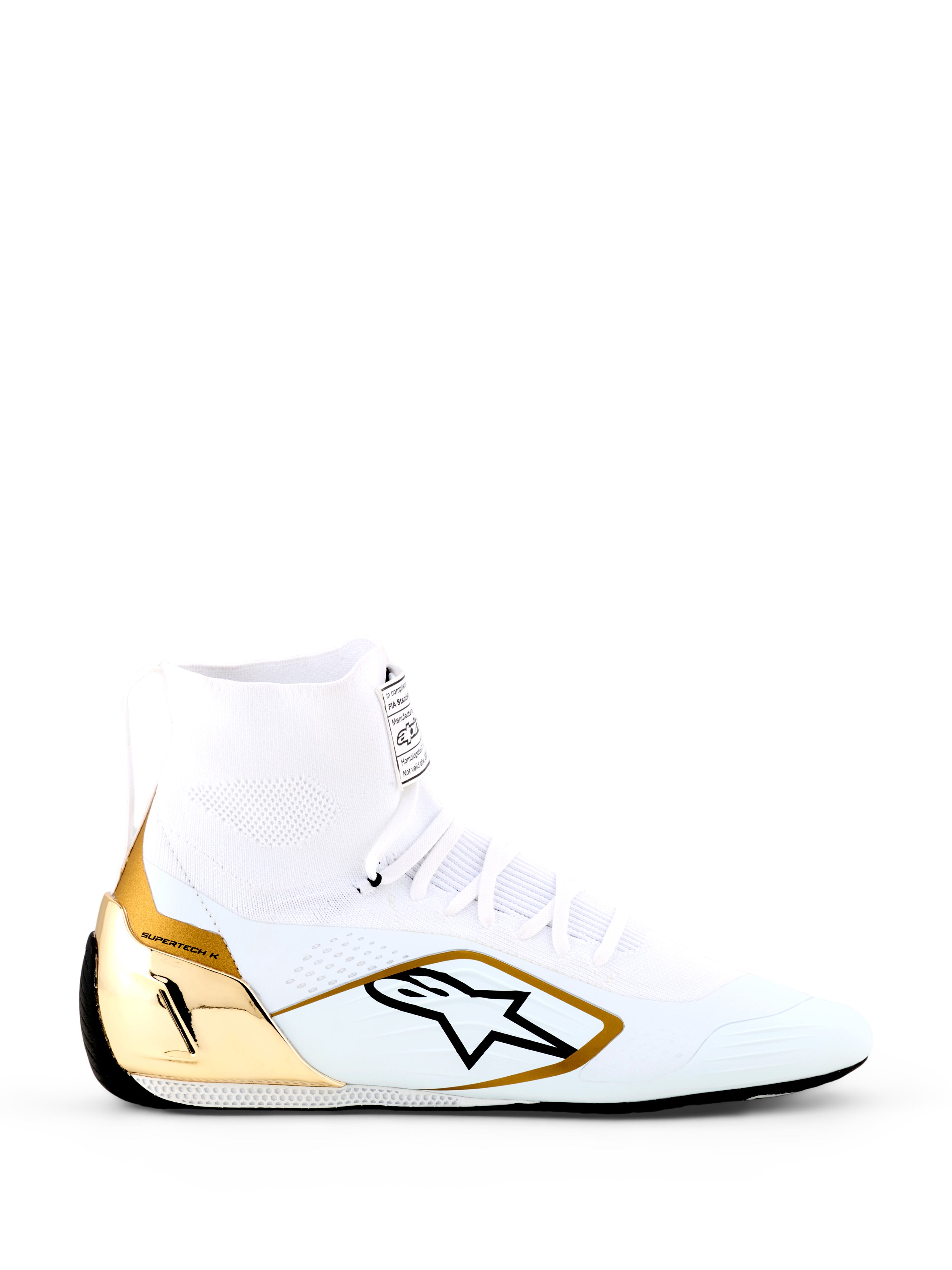 Alpinestars Supertech K Schuhe - FIA, Weiß-goldene Kart-Schuhe, High-Top-Design mit vollständig gestricktem Obermaterial, metallisch-goldene TPU-Fersenkappe, schwarzes Alpinestars Stern-Logo, ultradünne Racing-Sohle, professionelles FIA-zertifiziertes Schuhwerk